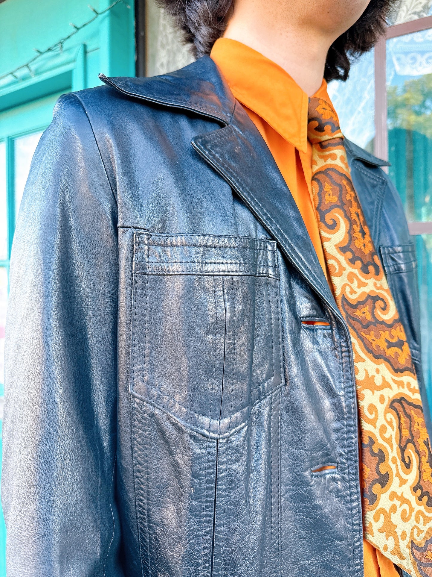 1970s Black Leather Blazer Jacket by The Tannery Montgomery Ward