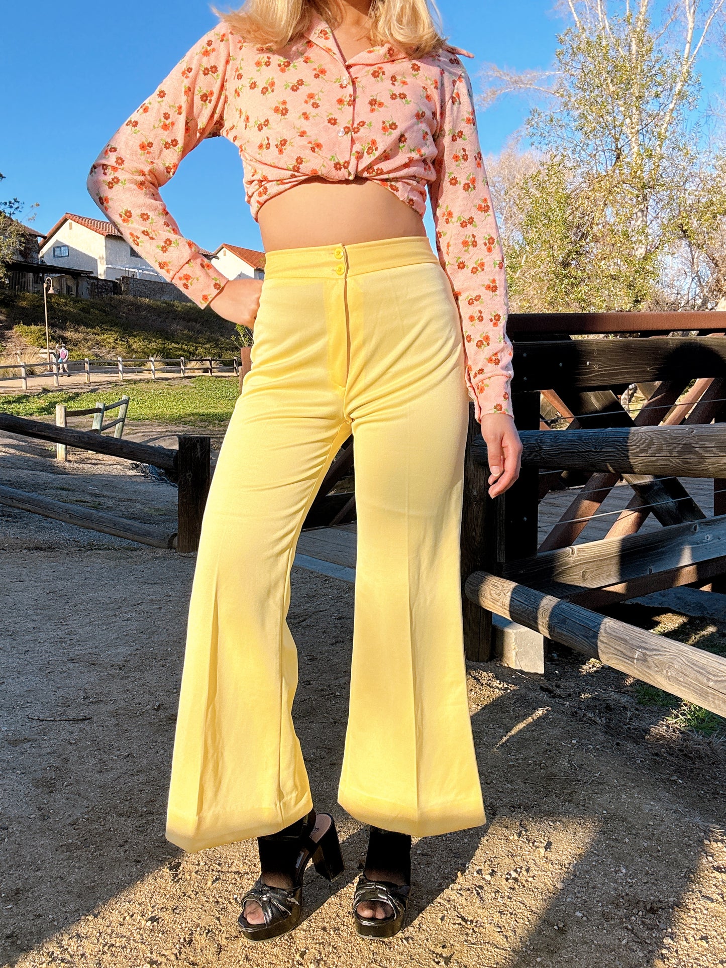 1970s Yellow Flared Polyester Pants