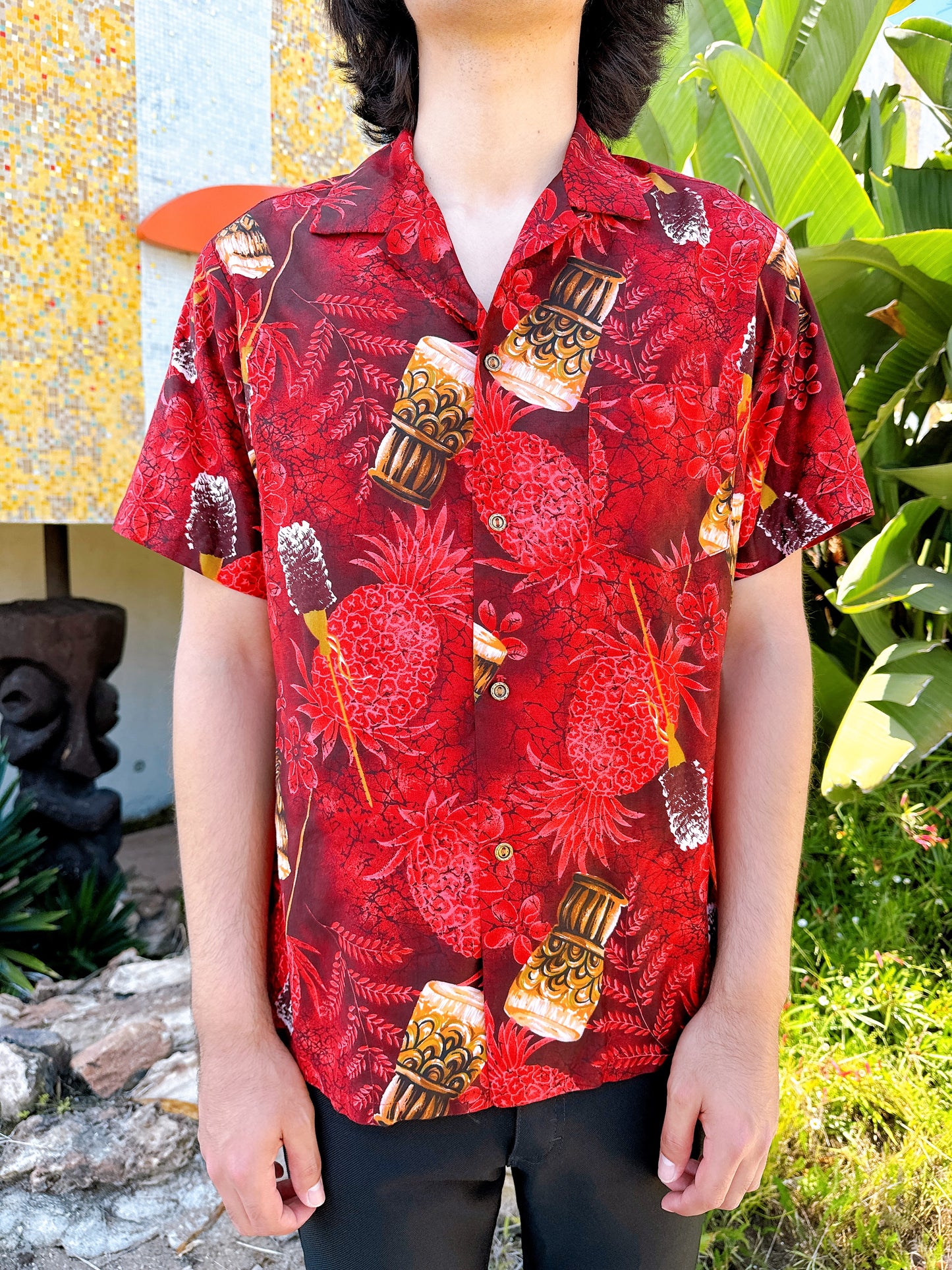 1950s / 1960s Bongos & Pineapples Red Hawaiian Shirt