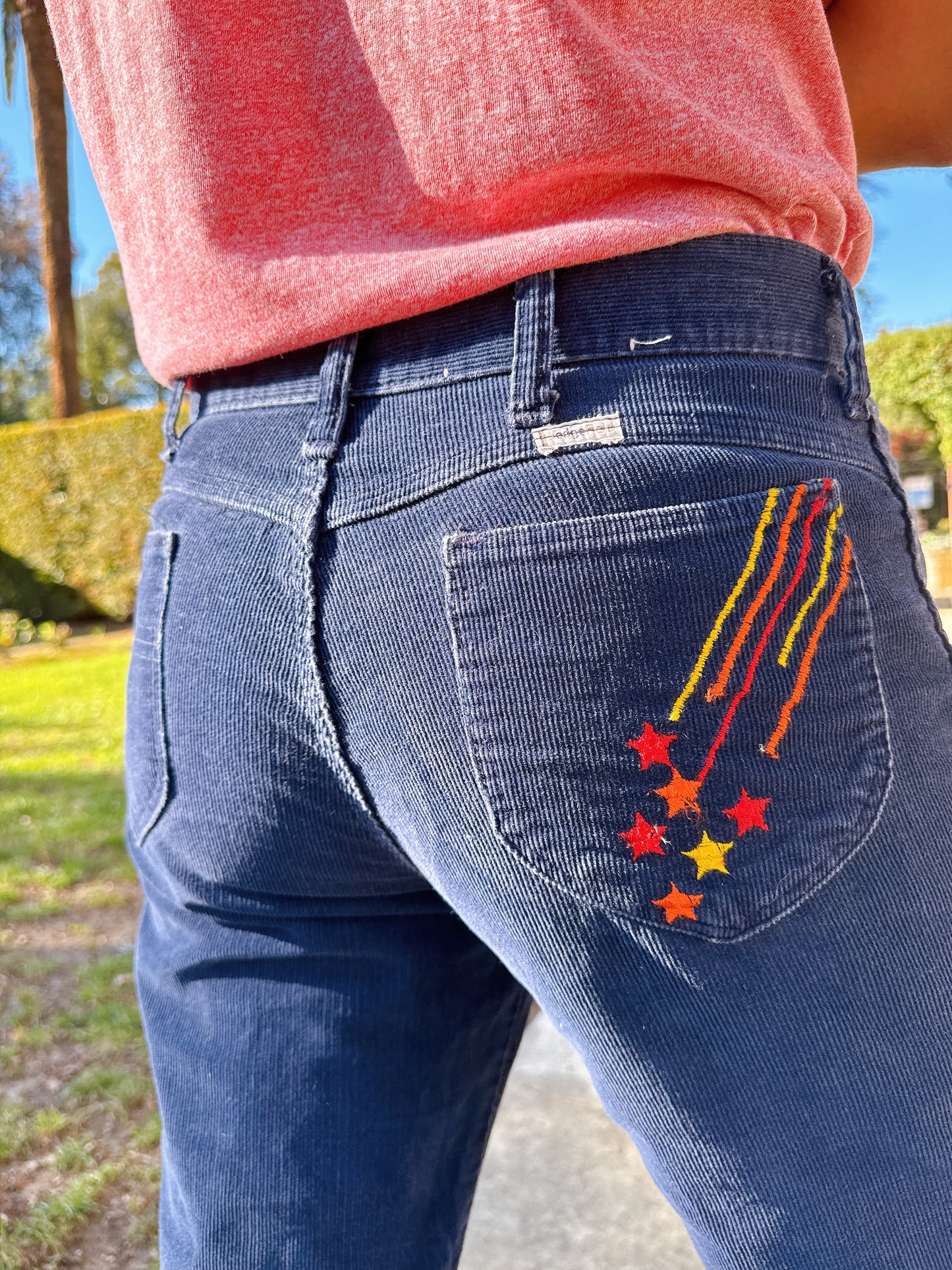 1970s Navy Corduroy Flared Pants w/ Embroidered Shooting Star Novelty Back Pocket Stitching by Sedgefield