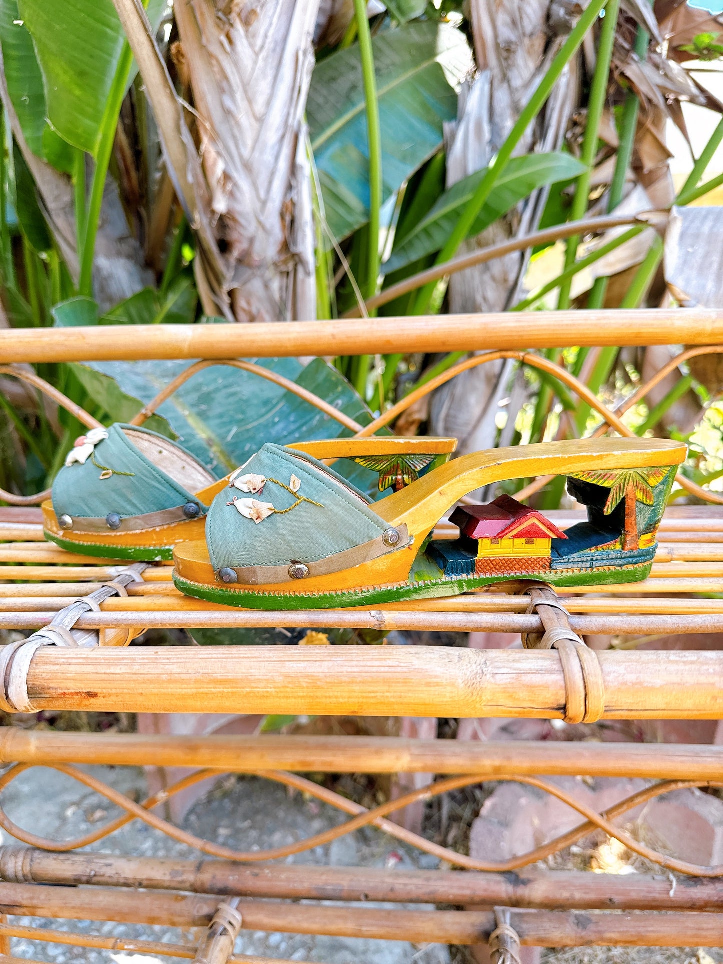1940s WWII Hand Carved Wooden Wedge Sandals Made in Philippines