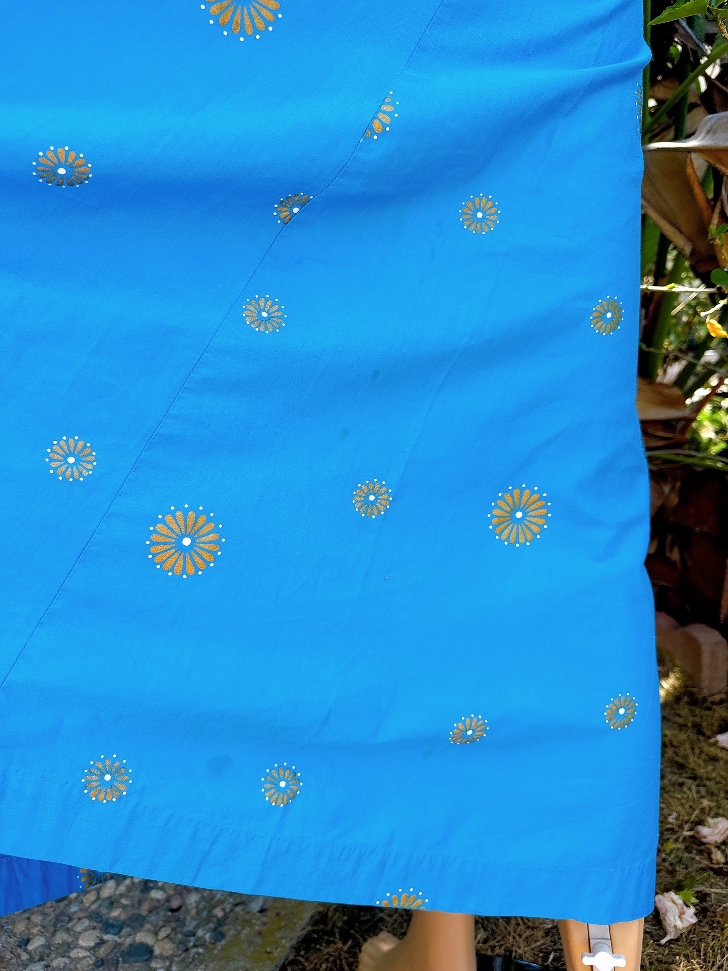 1960s Peacock Blue & Gold Hand-screened Hawaiian Maxi Dress