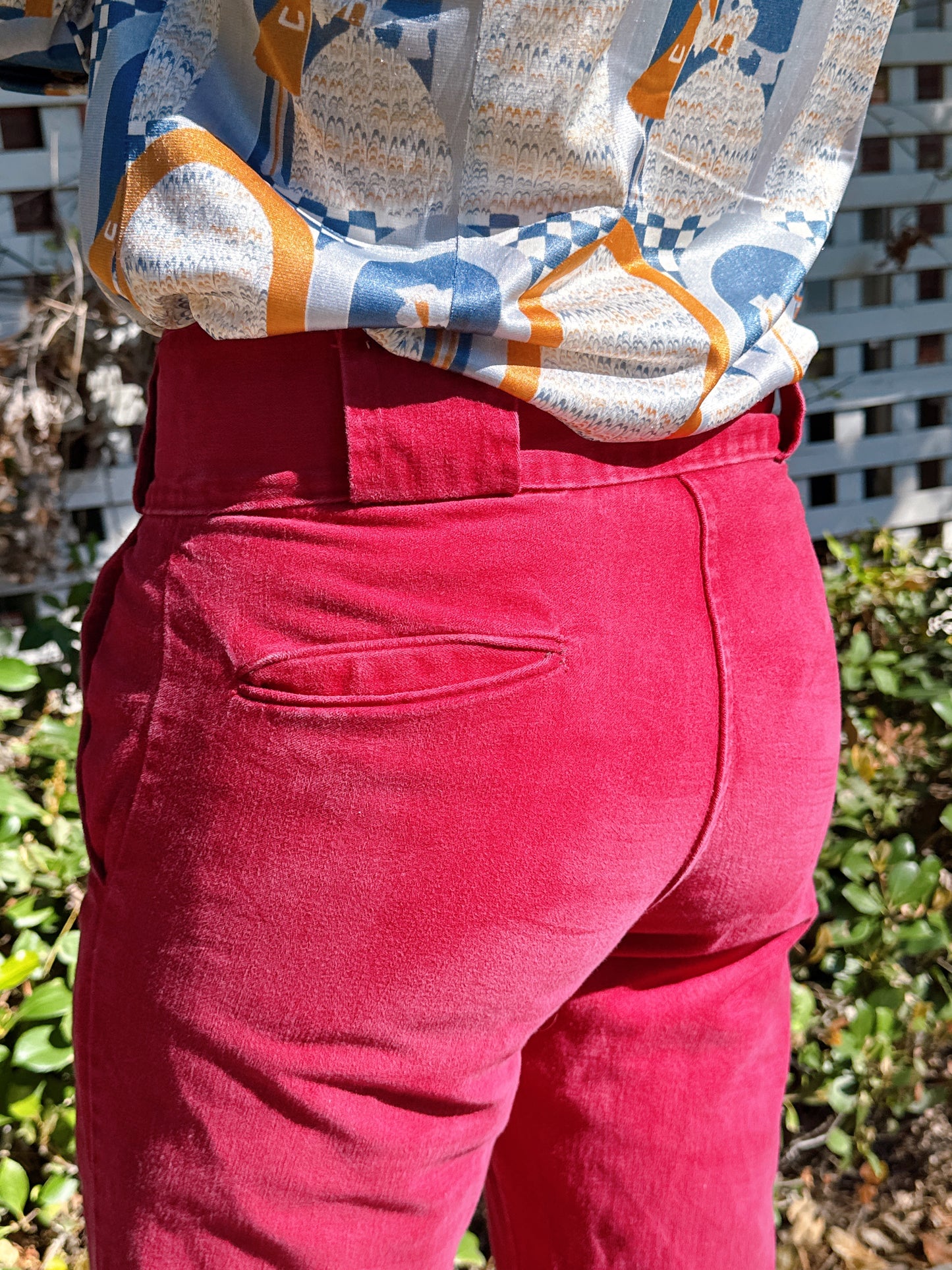 1970s High Waisted Burgundy Brushed Cotton Flared Pants + Wide Belt Loops