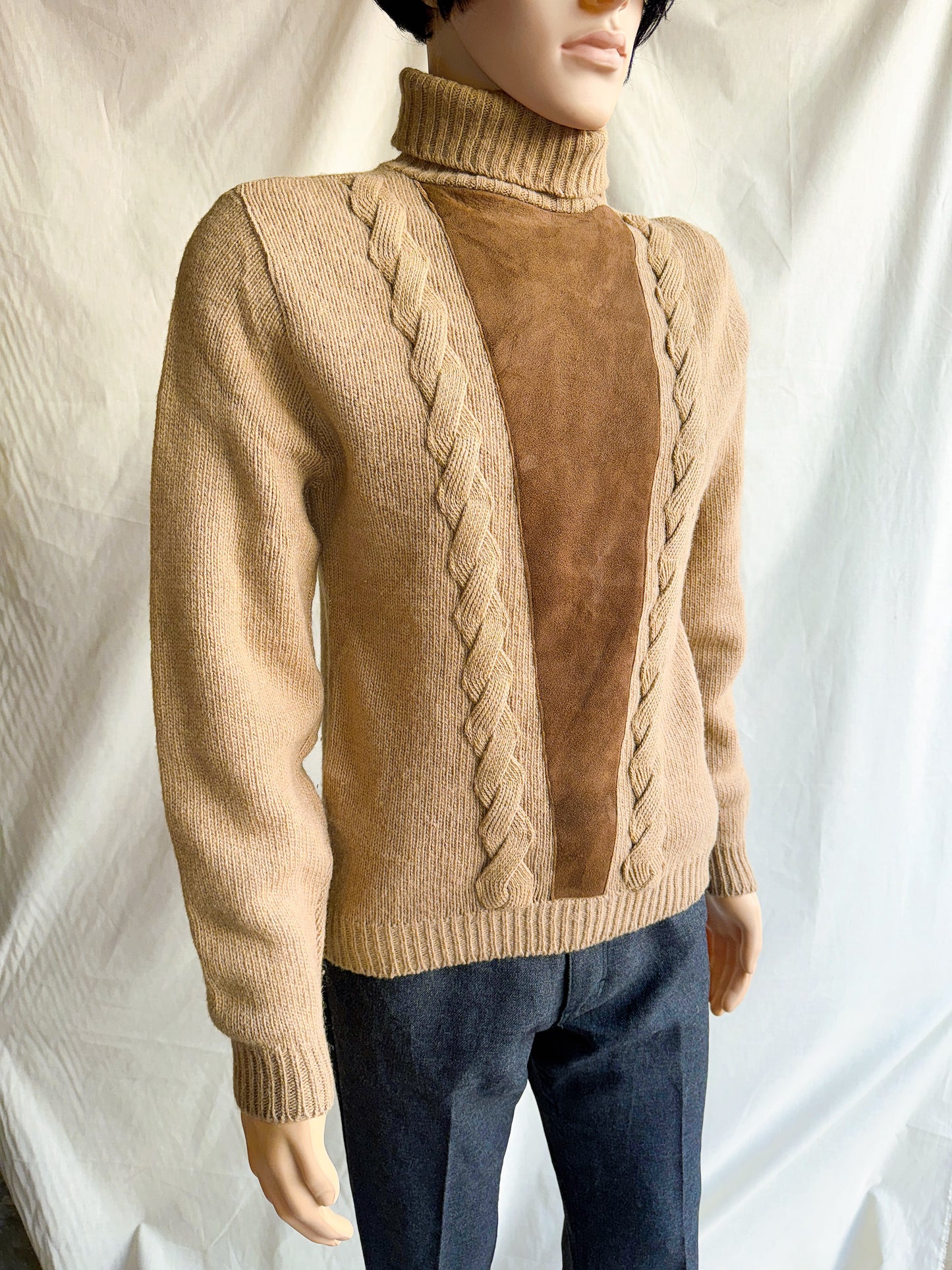 1970s Tan & Brown Knit & Suede Sweater