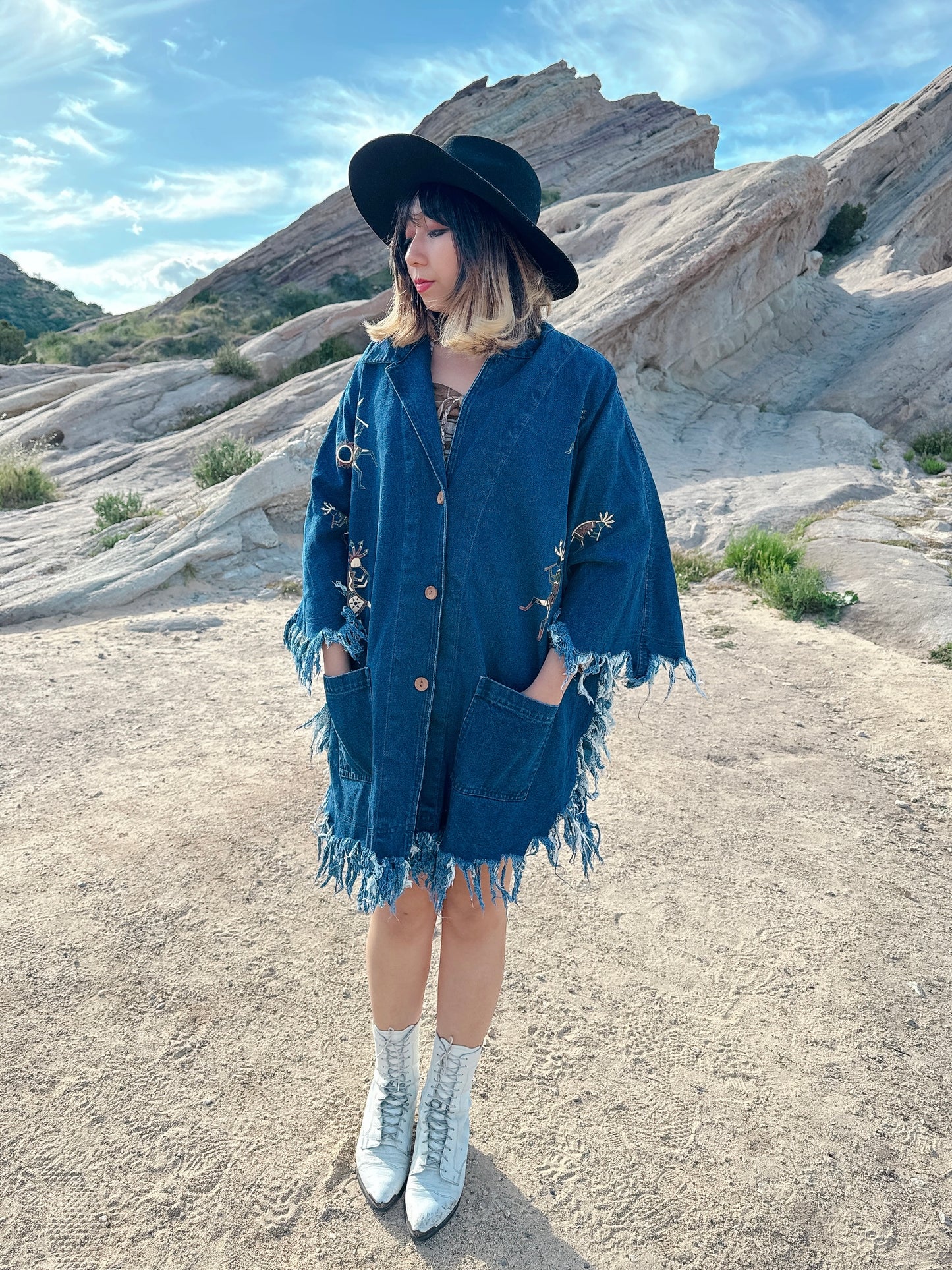 1990s Novelty Ethnic Denim Fringe Cape Jacket