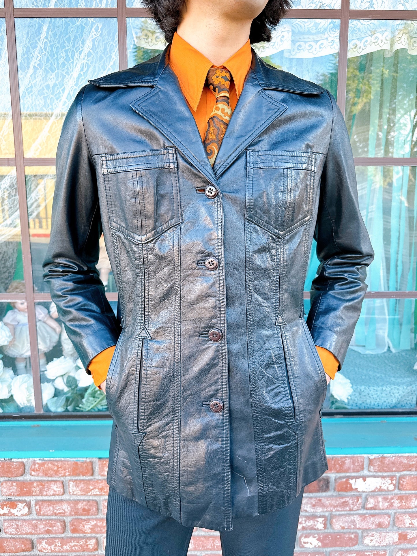 1970s Black Leather Blazer Jacket by The Tannery Montgomery Ward