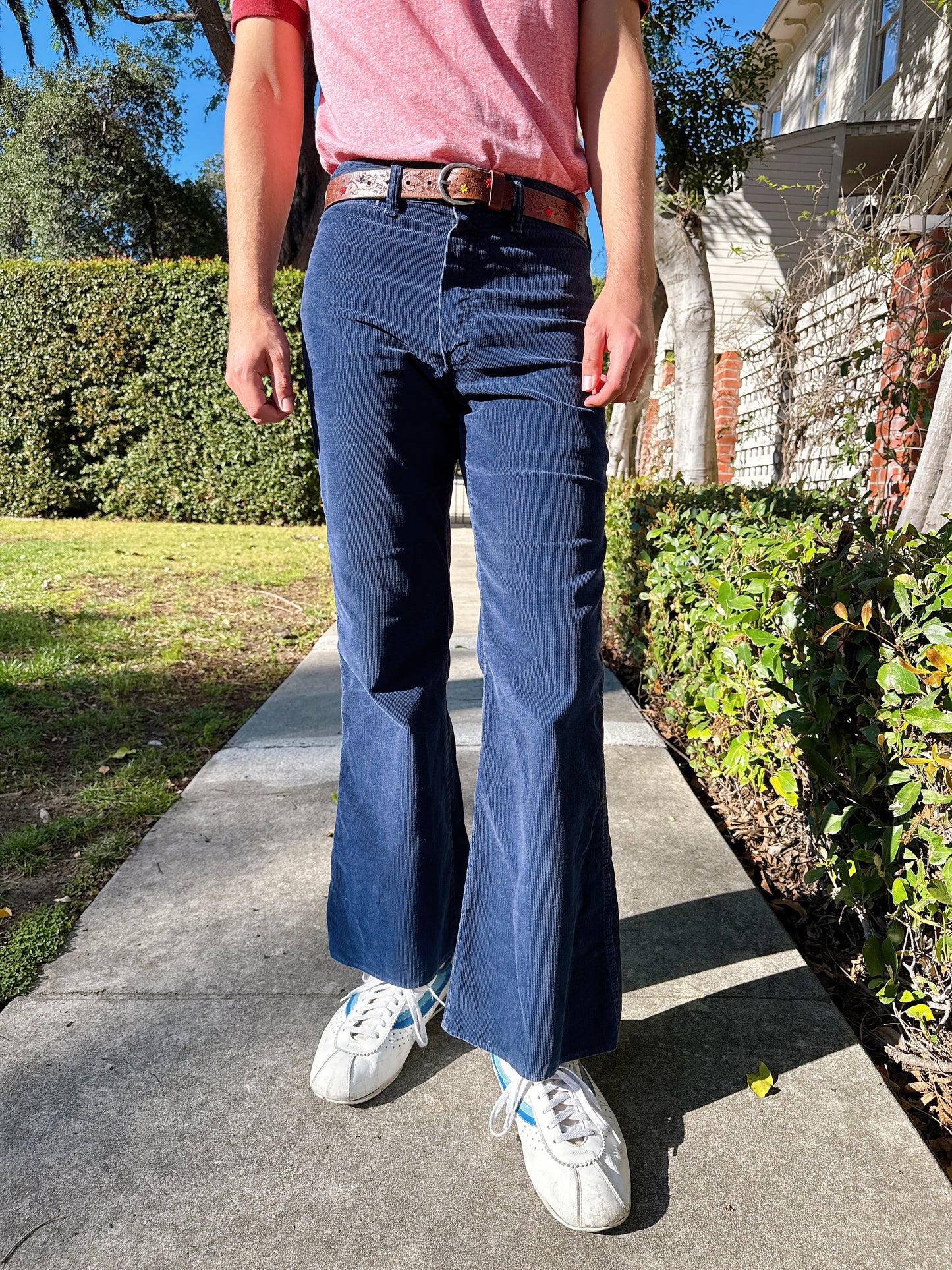 1970s Navy Corduroy Flared Pants w/ Embroidered Shooting Star Novelty Back Pocket Stitching by Sedgefield