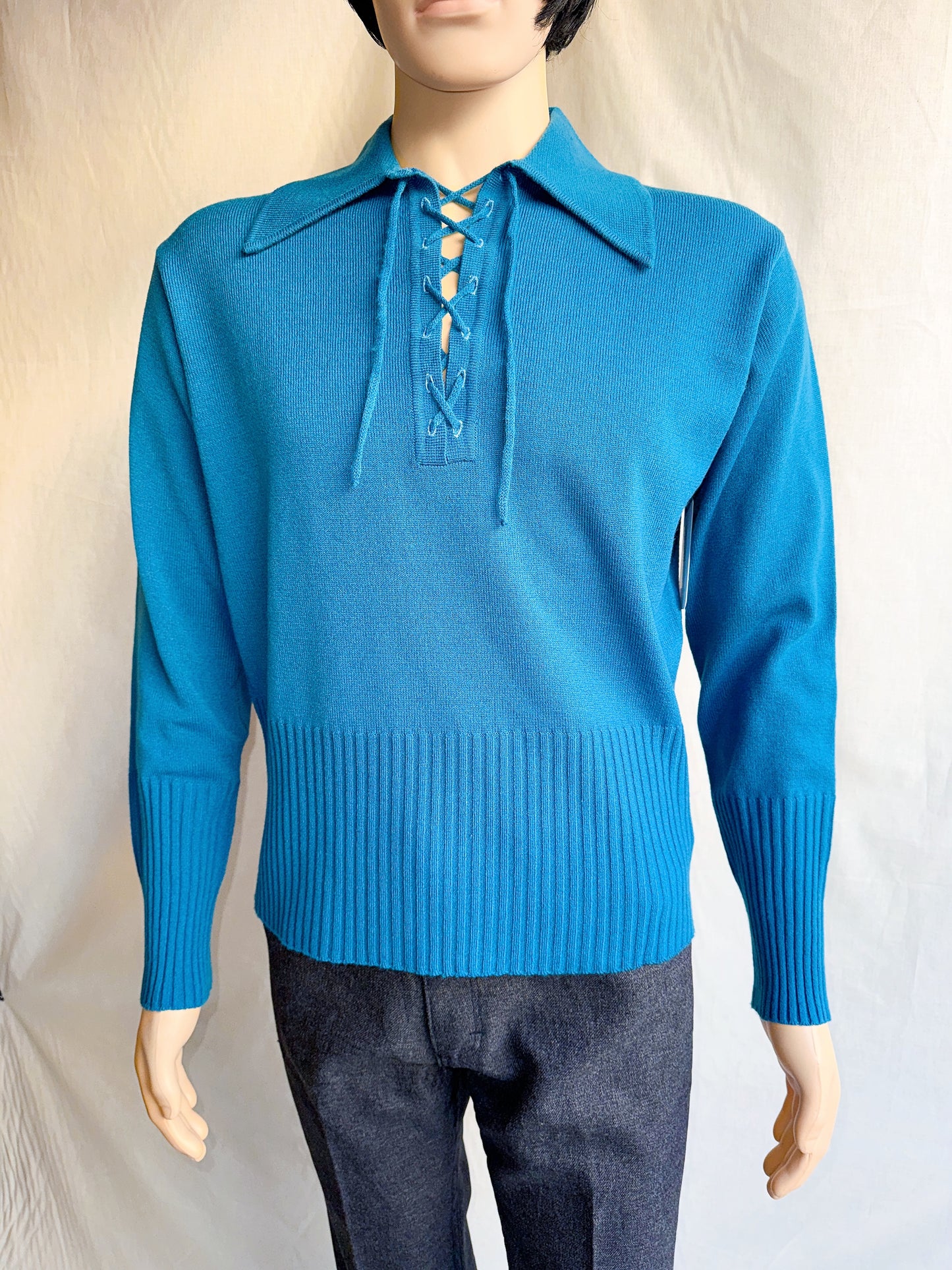 1970s Blue Dagger Collar Lace Up Acrylic Top