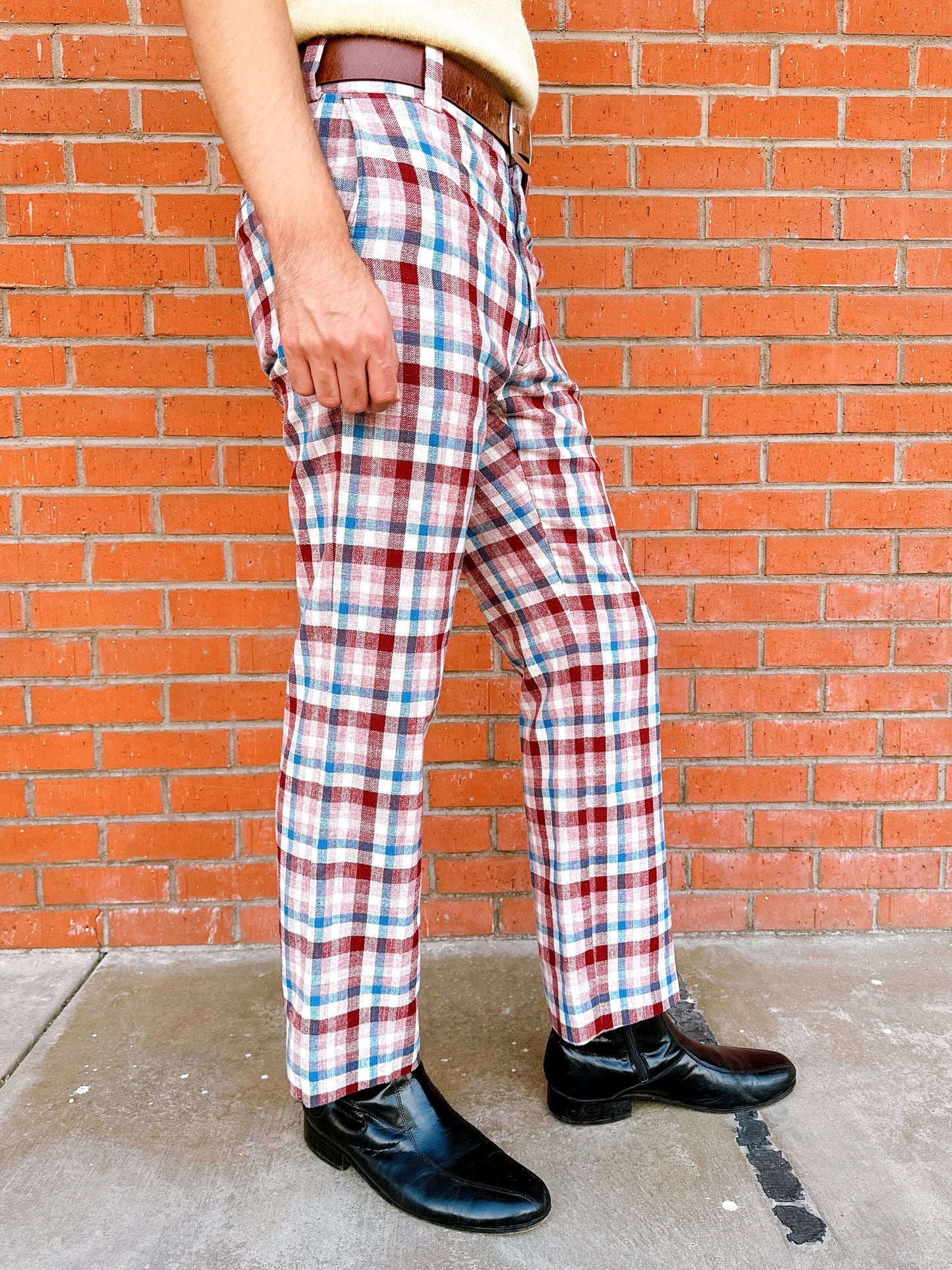 1970s Burgundy, Blue, & White Plaid Flare Leg Pants by Hathaway OtherWear 34x31