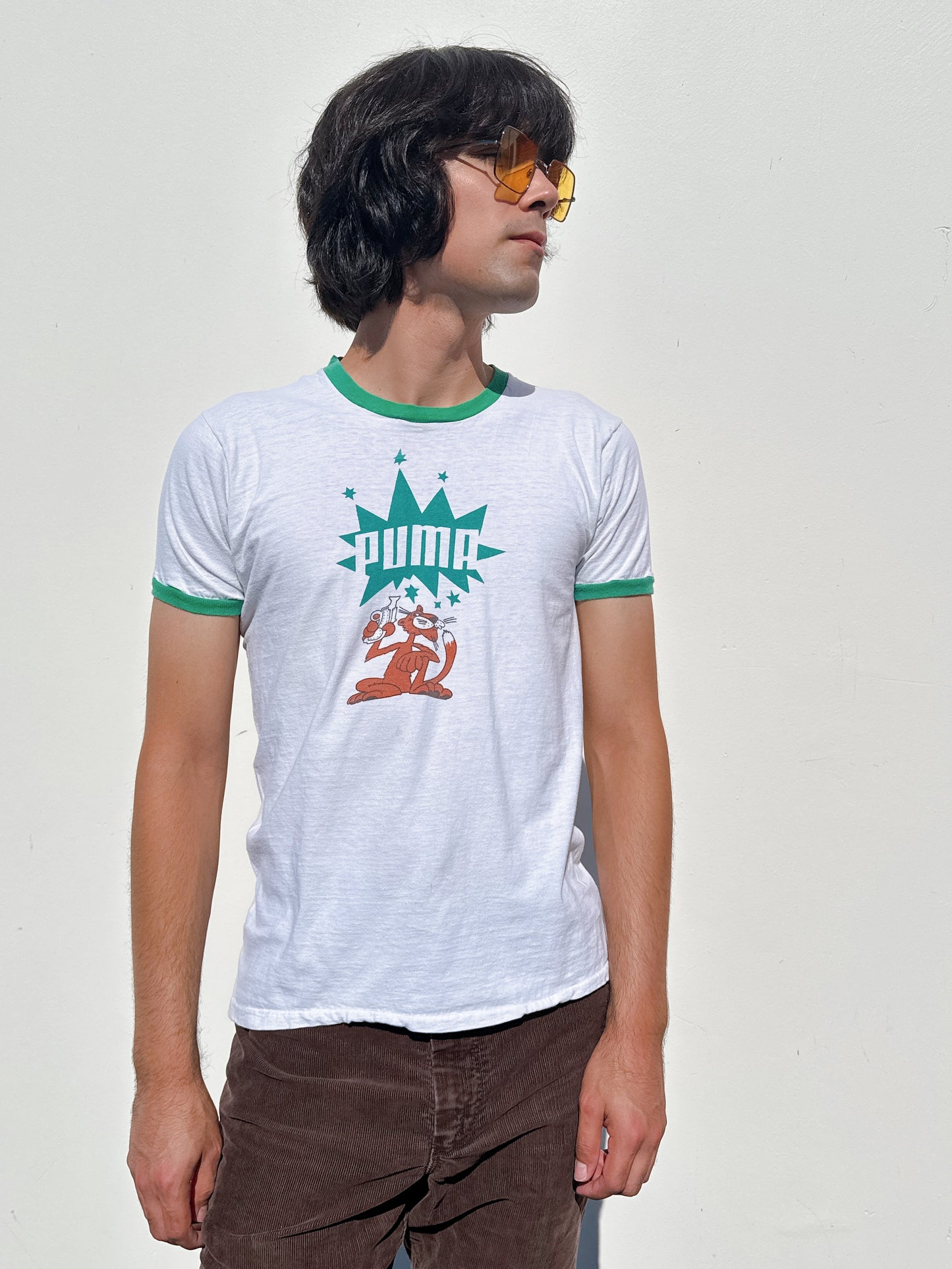 1970s 1980s Puma Panther Pistol White & Green Ringer T-Shirt