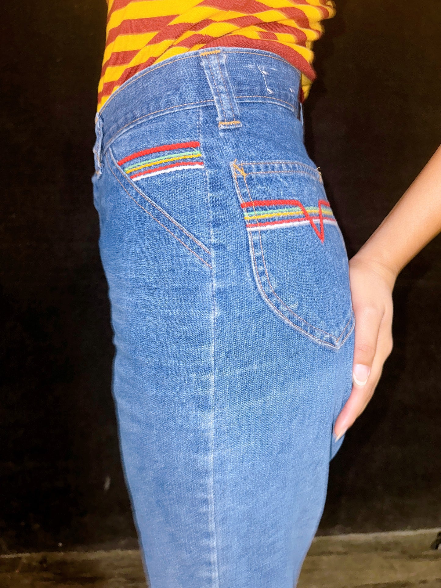 1970s Colorful Contrast Stitch Denim Jeans by Live Ins
