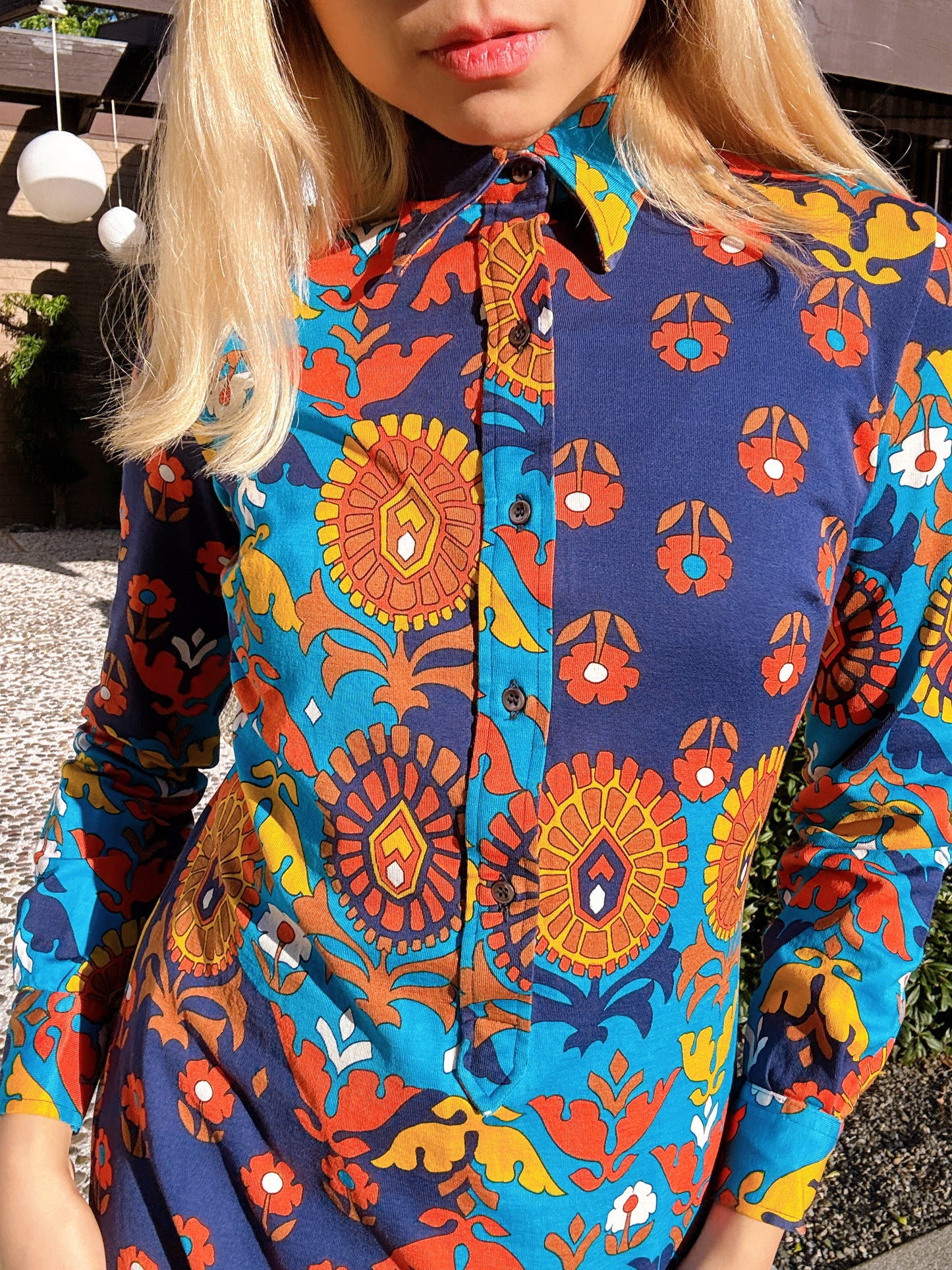 1960s Navy & Orange Floral Psychedelic Collar Mini Dress