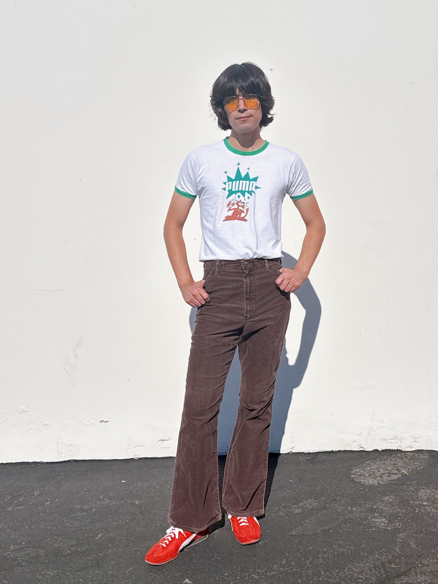 1970s 1980s Puma Panther Pistol White & Green Ringer T-Shirt
