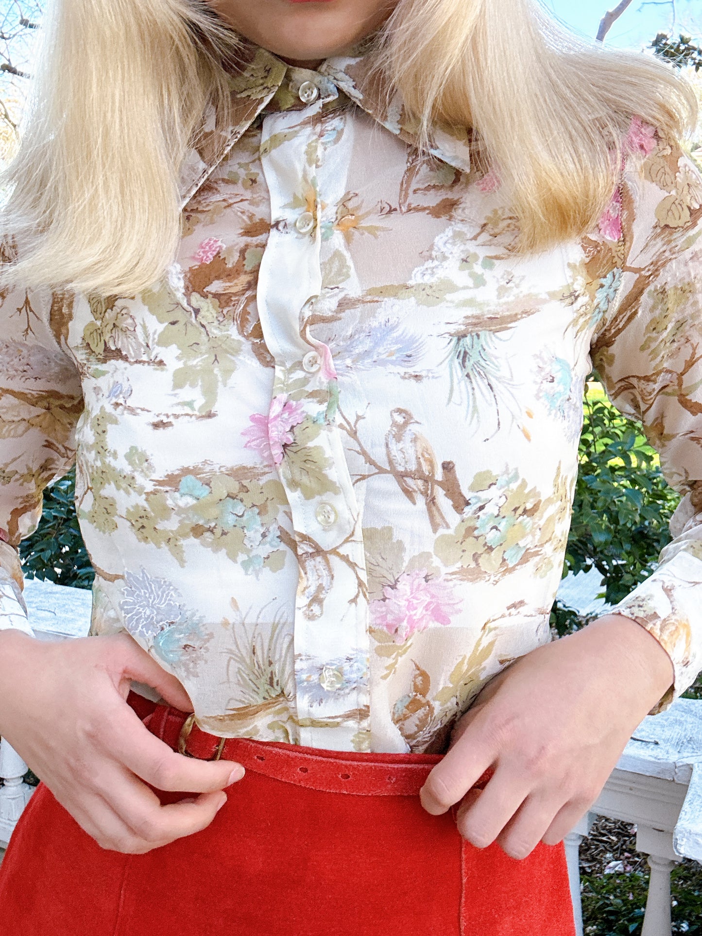 1970s Sheer Novelty Birds on Tree Dagger Collar Button Up Top