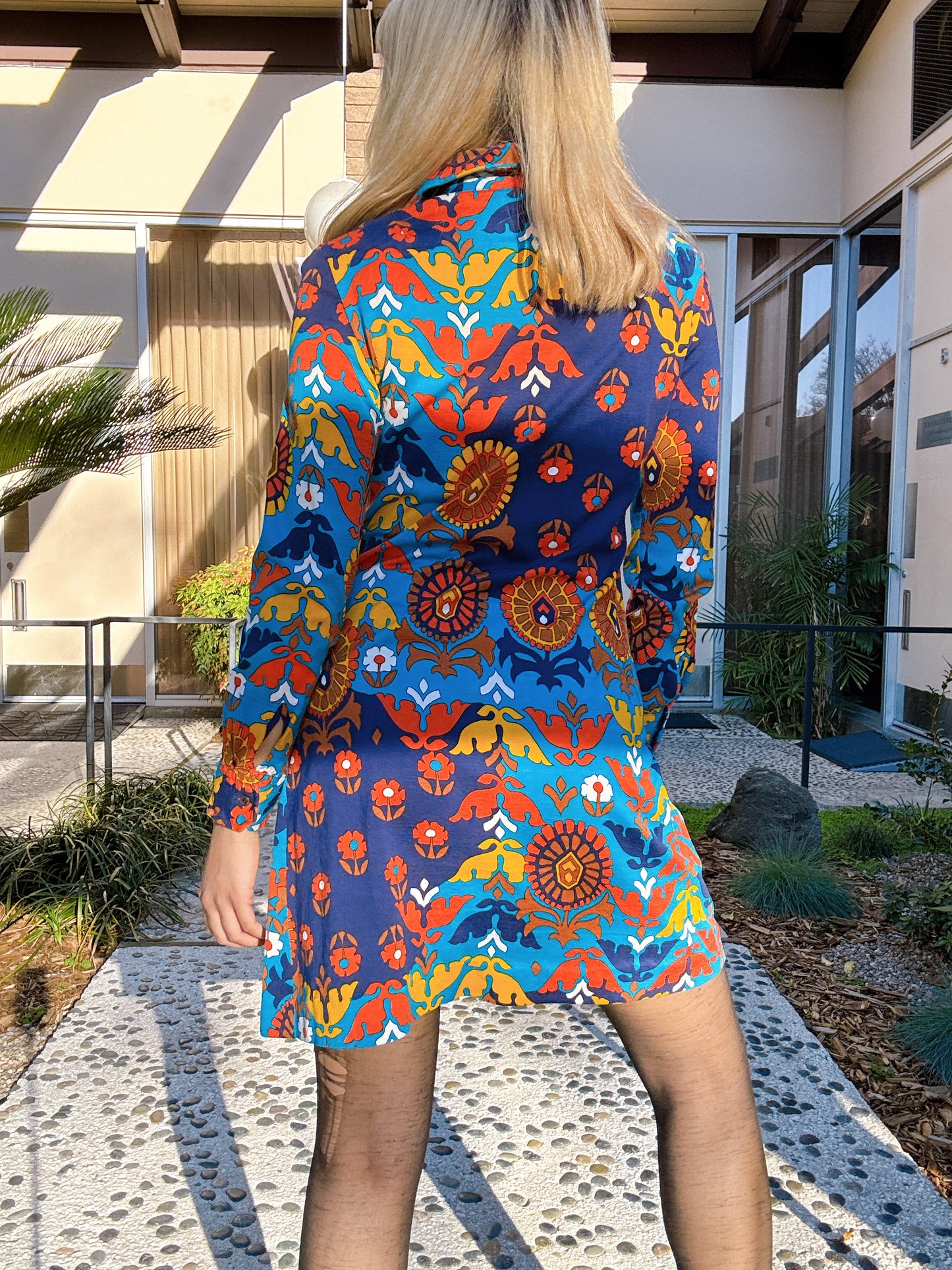 1960s Navy & Orange Floral Psychedelic Collar Mini Dress