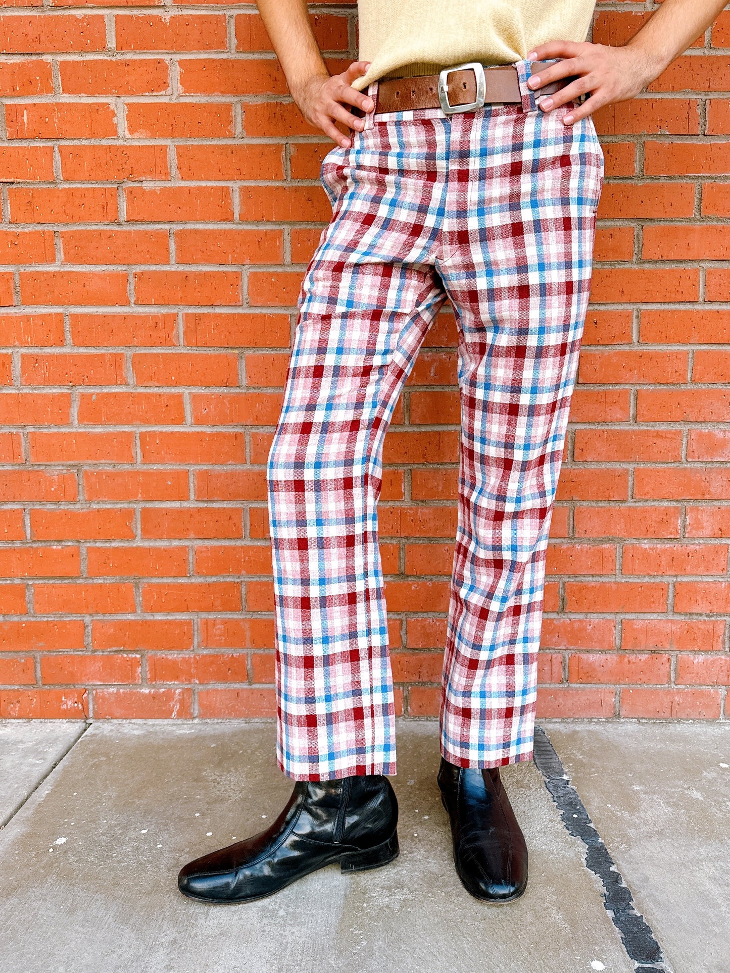 1970s Burgundy, Blue, & White Plaid Flare Leg Pants by Hathaway OtherWear 34x31
