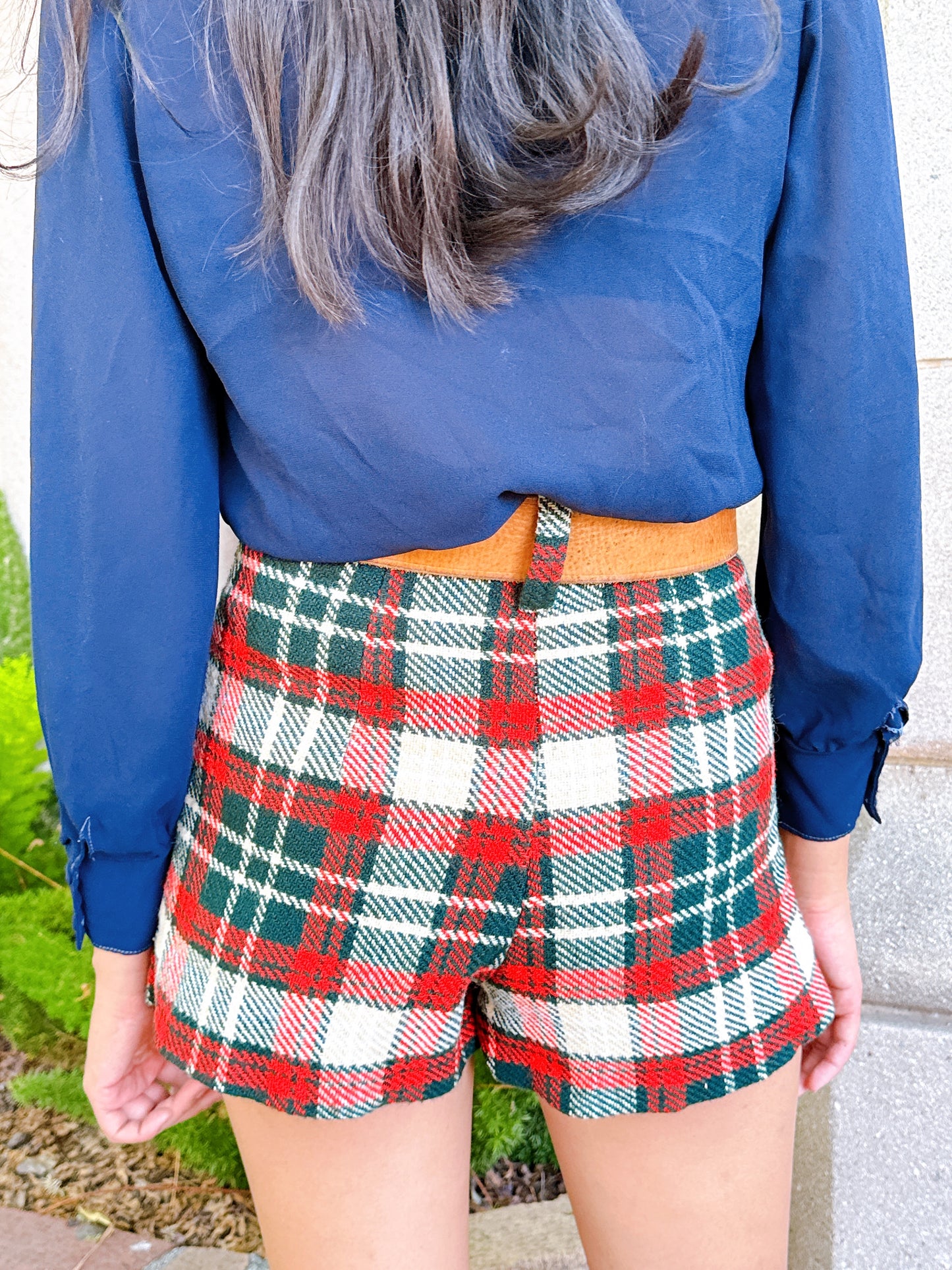 1960s Green, Red, & White Plaid Mini Shorts