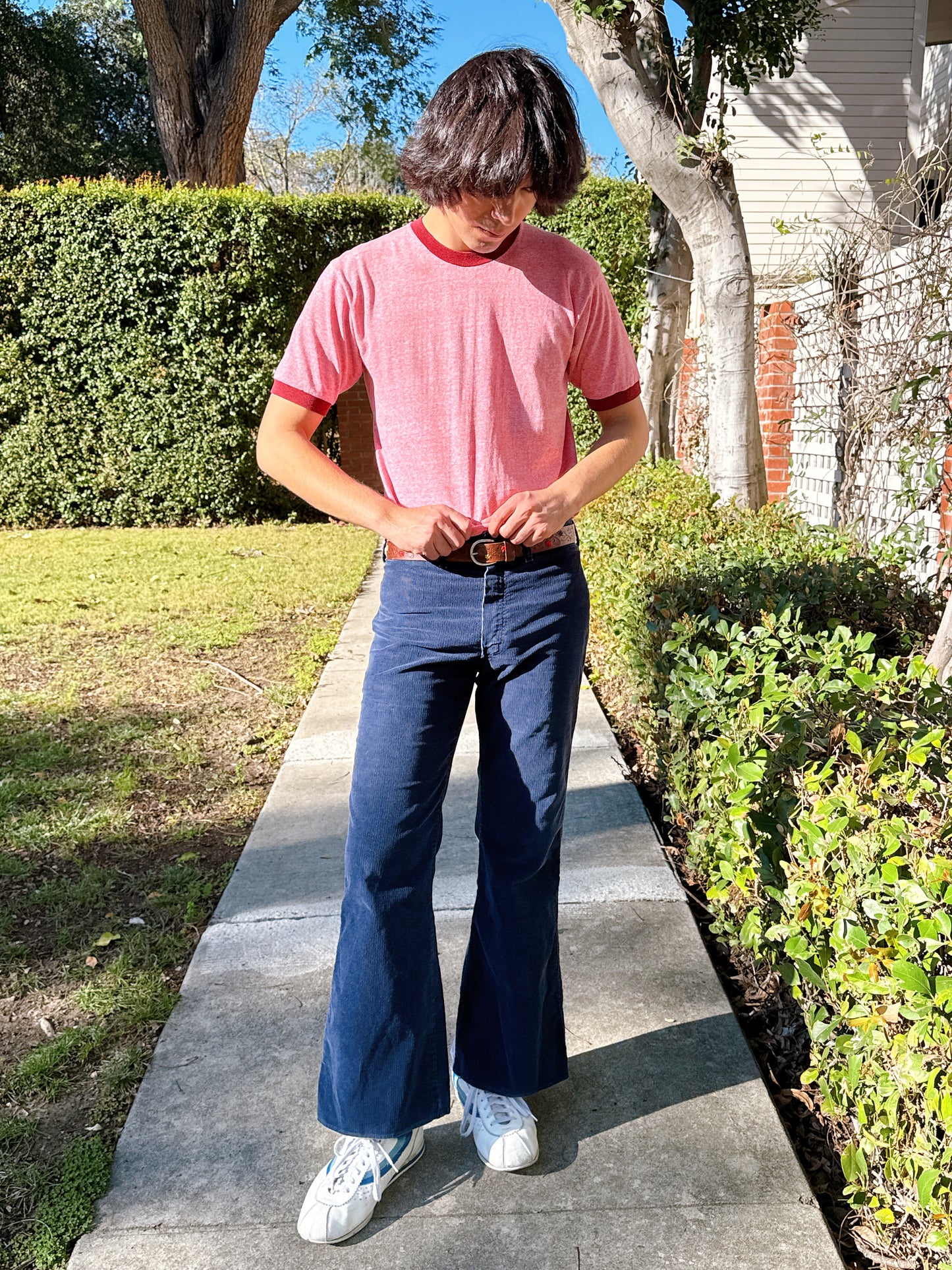 1970s Navy Corduroy Flared Pants w/ Embroidered Shooting Star Novelty Back Pocket Stitching by Sedgefield