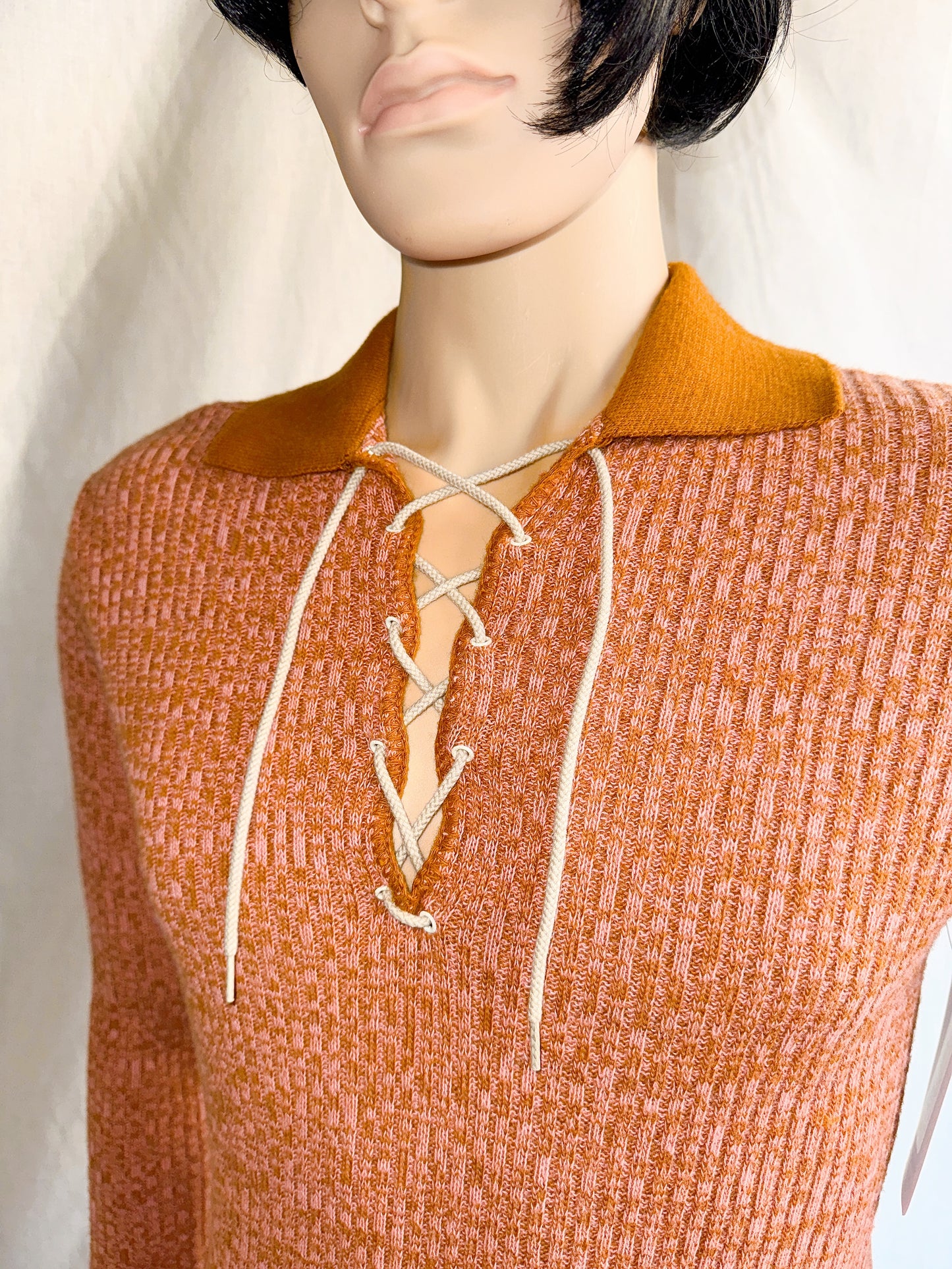 1970s Peachy Orange Heather Tie-Up Pullover Knit Top