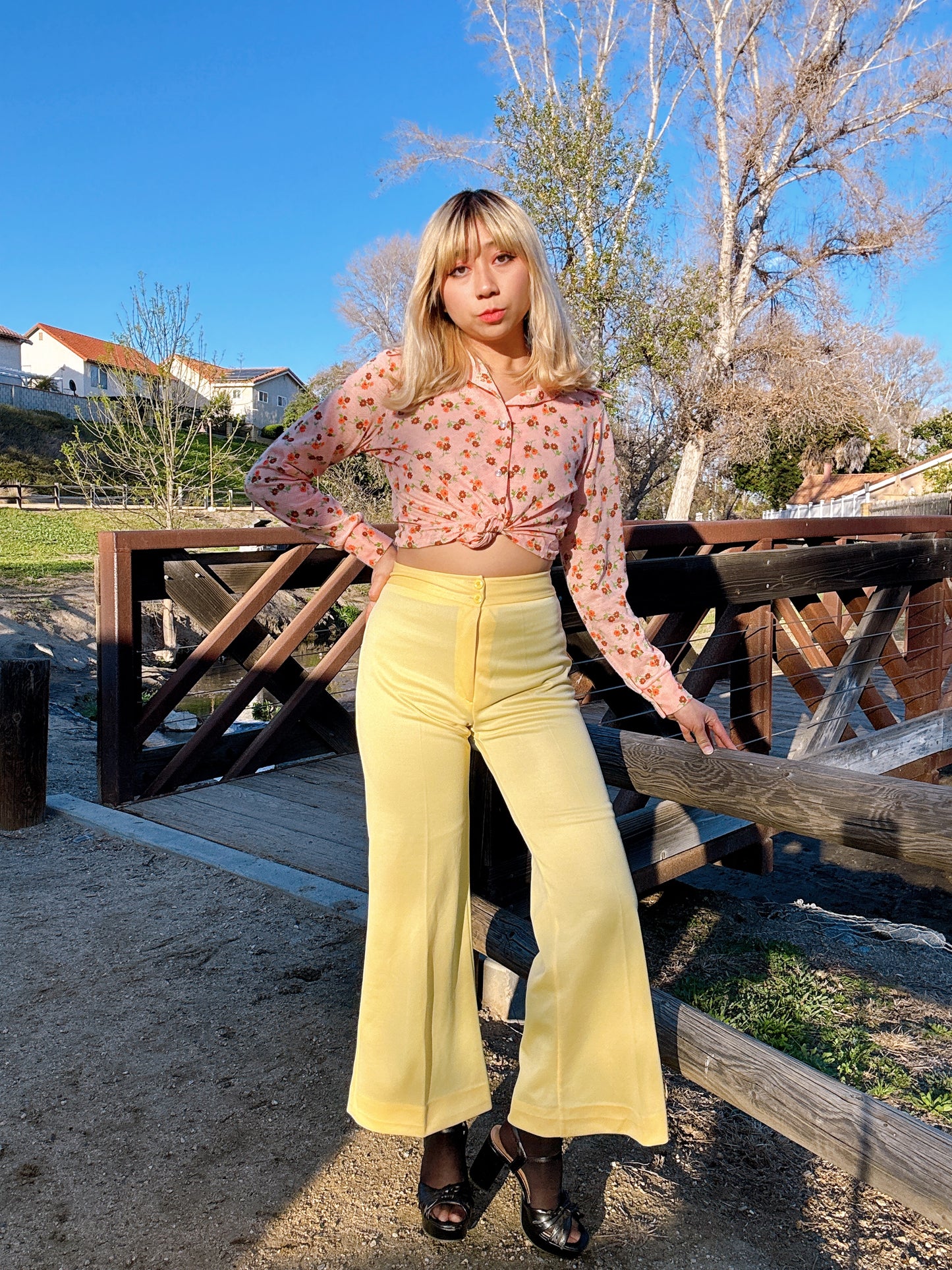 1970s Yellow Flared Polyester Pants