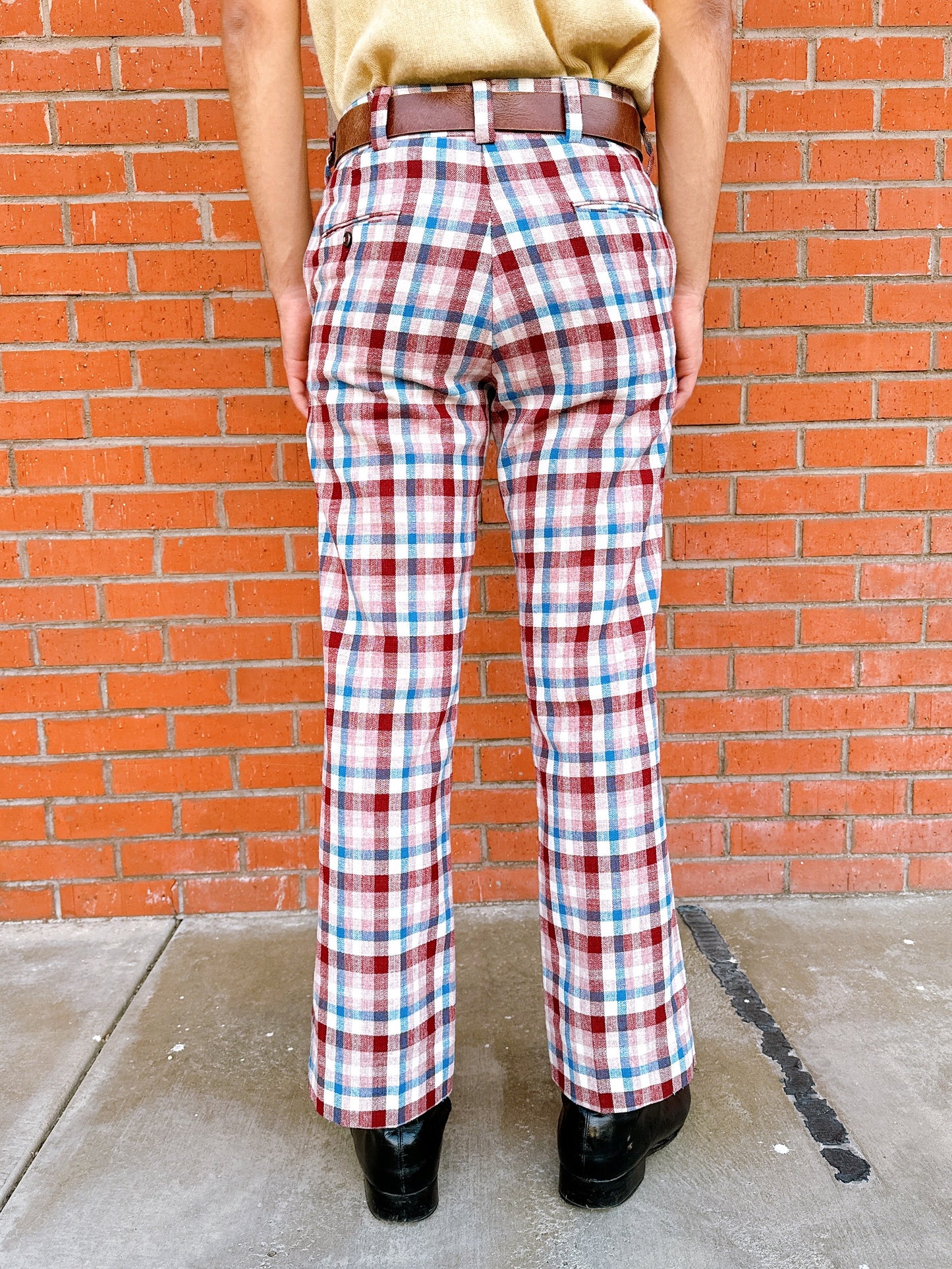 1970s Burgundy, Blue, & White Plaid Flare Leg Pants by Hathaway OtherWear 34x31