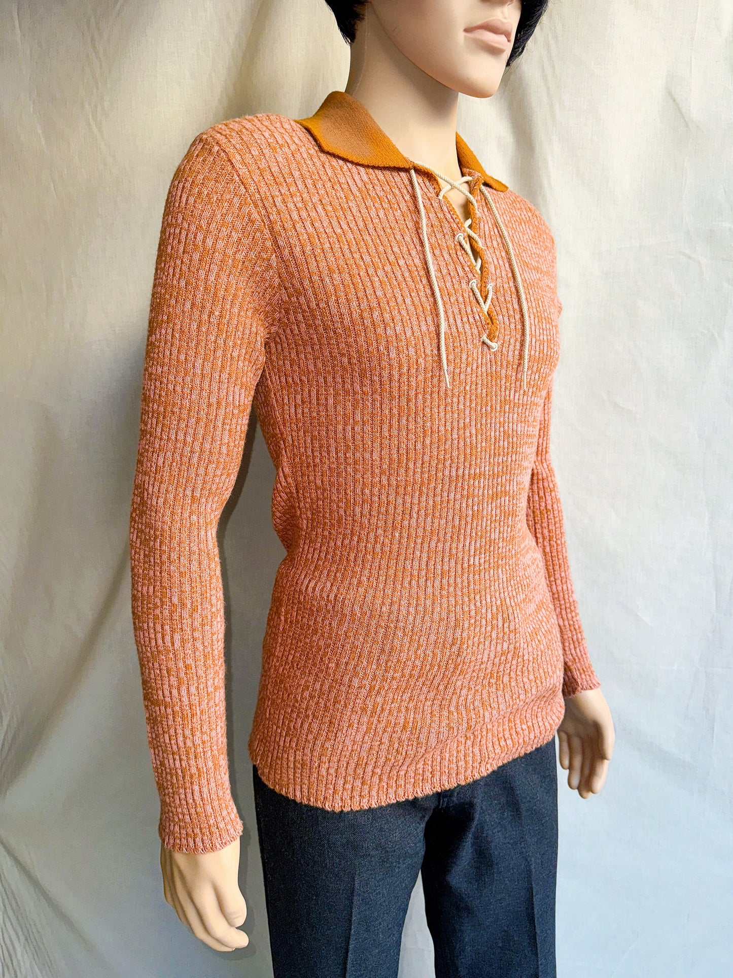 1970s Peachy Orange Heather Tie-Up Pullover Knit Top