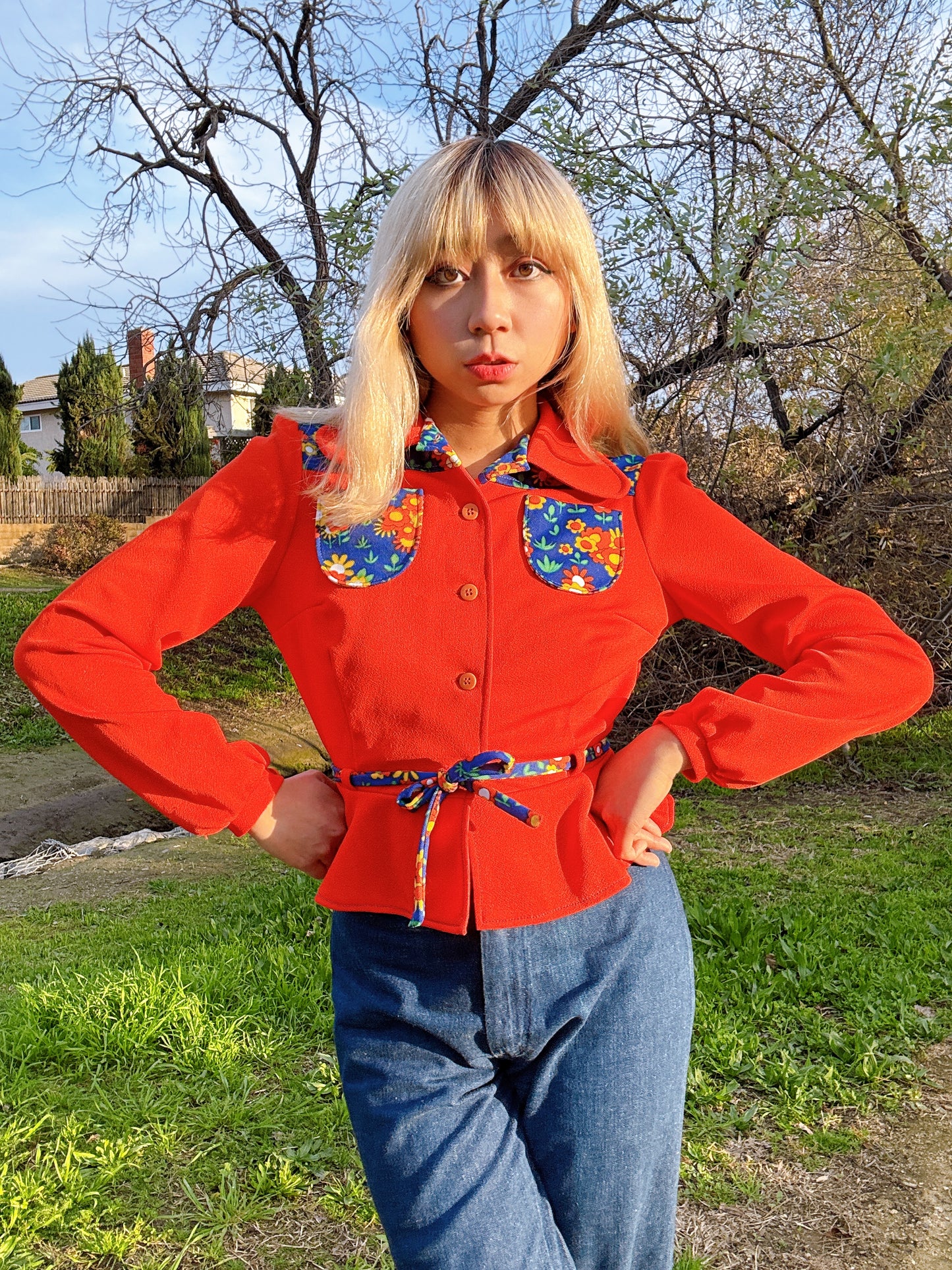 1970s Blue Floral & Red Polyester Peplum Top with Beagle Collar