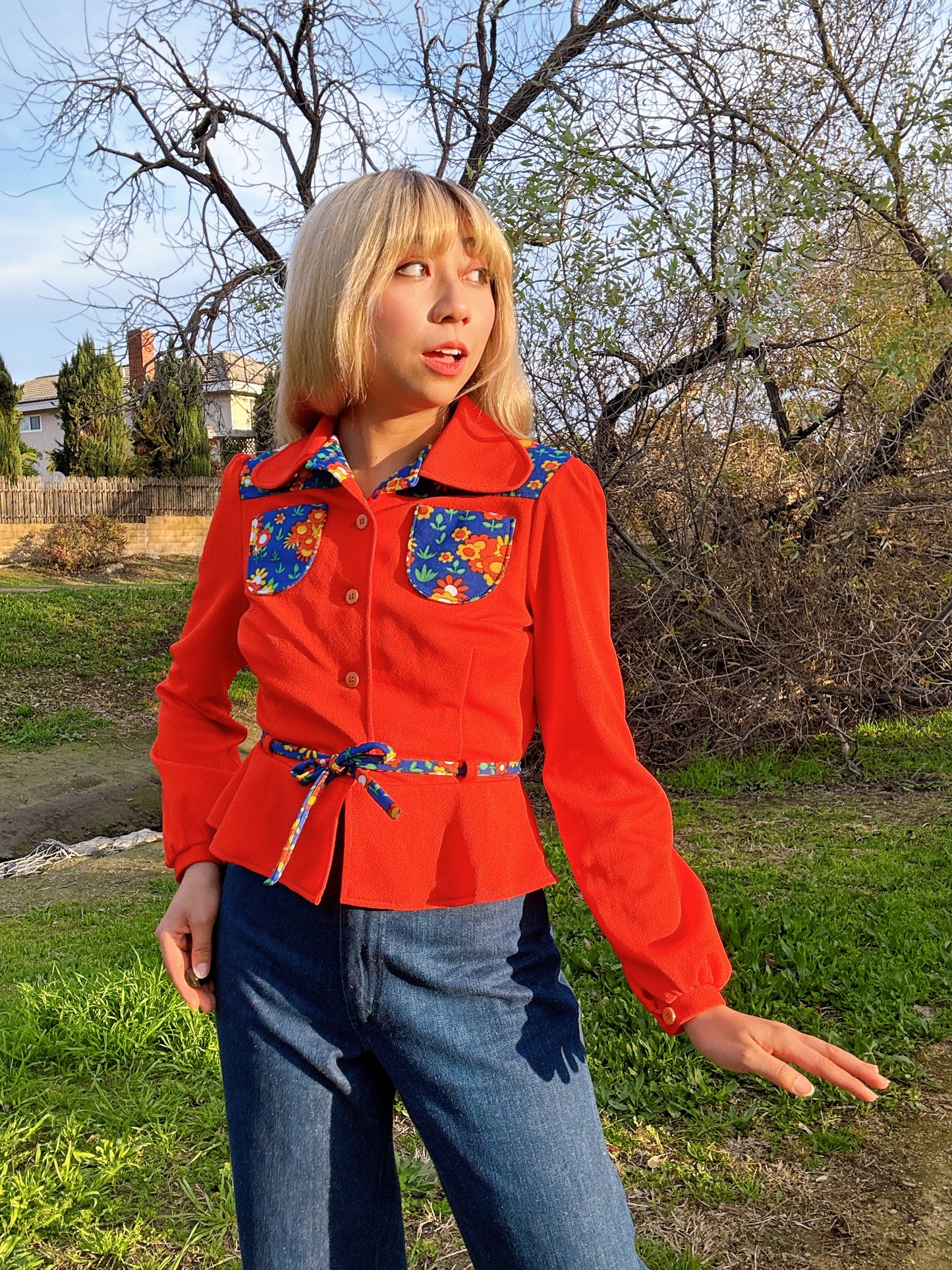 1970s Blue Floral & Red Polyester Peplum Top with Beagle Collar