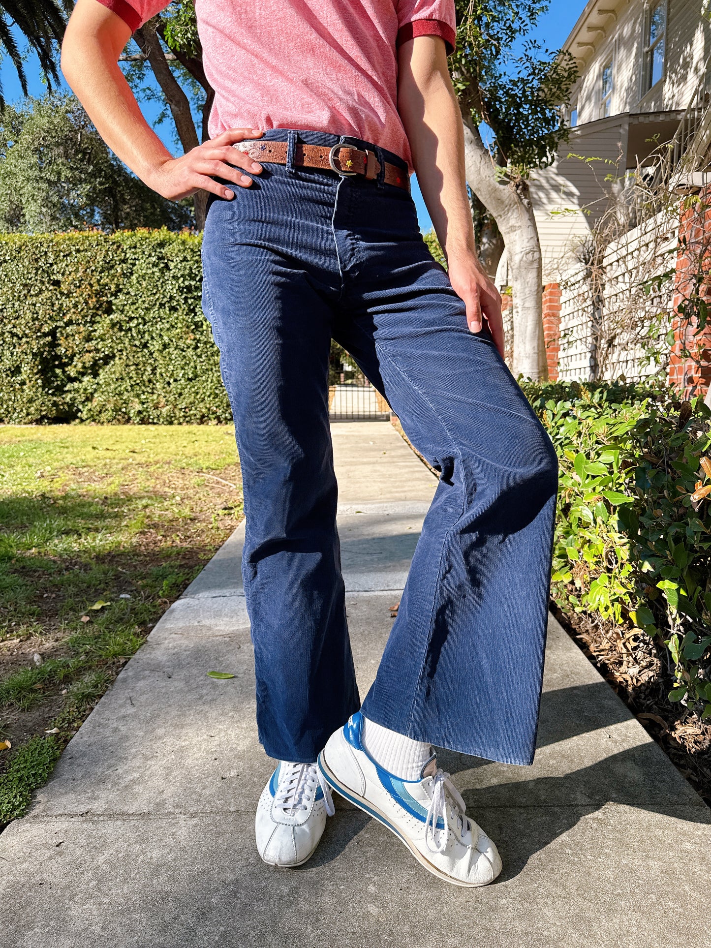 1970s Navy Corduroy Flared Pants w/ Embroidered Shooting Star Novelty Back Pocket Stitching by Sedgefield