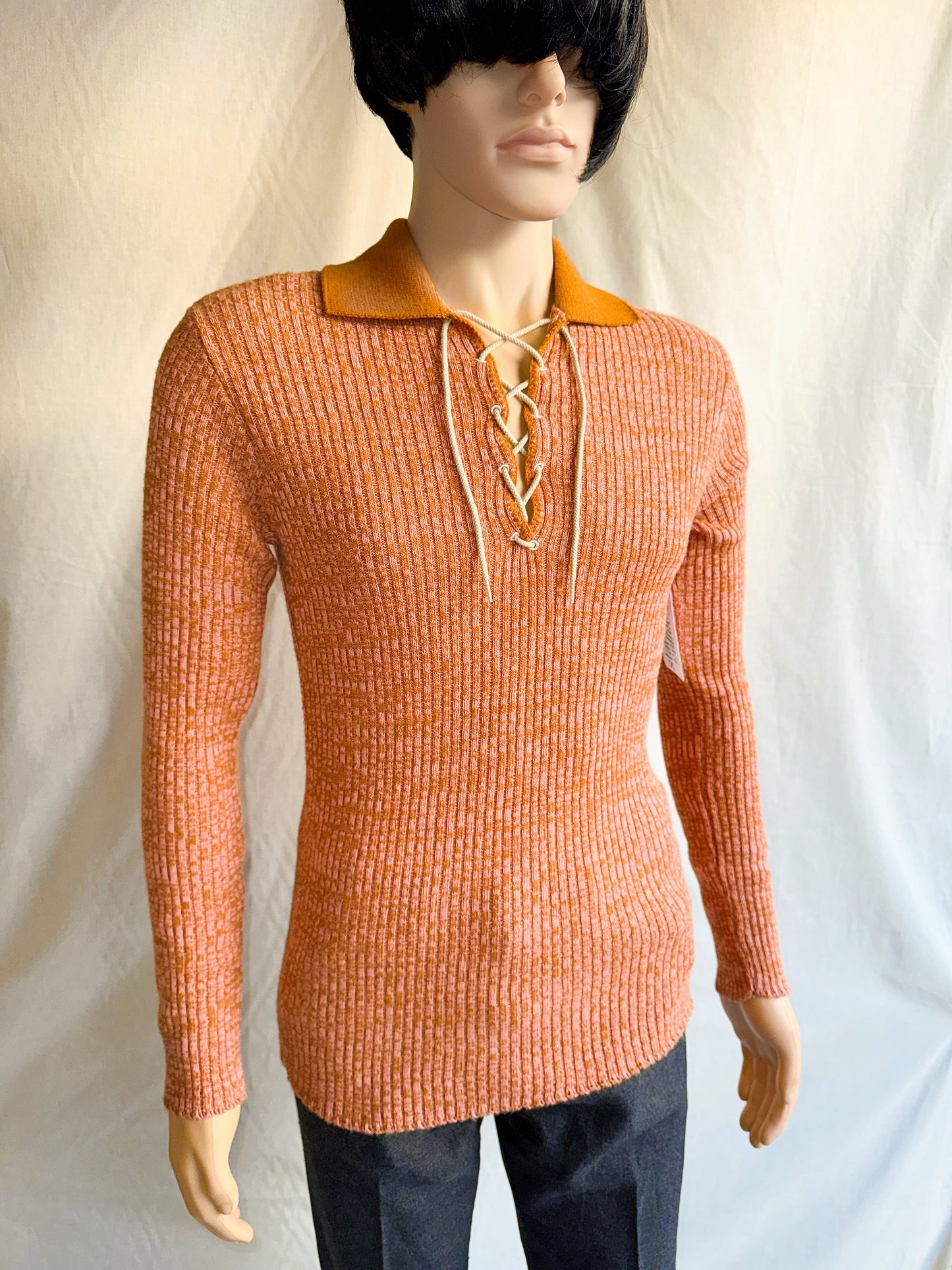 1970s Peachy Orange Heather Tie-Up Pullover Knit Top