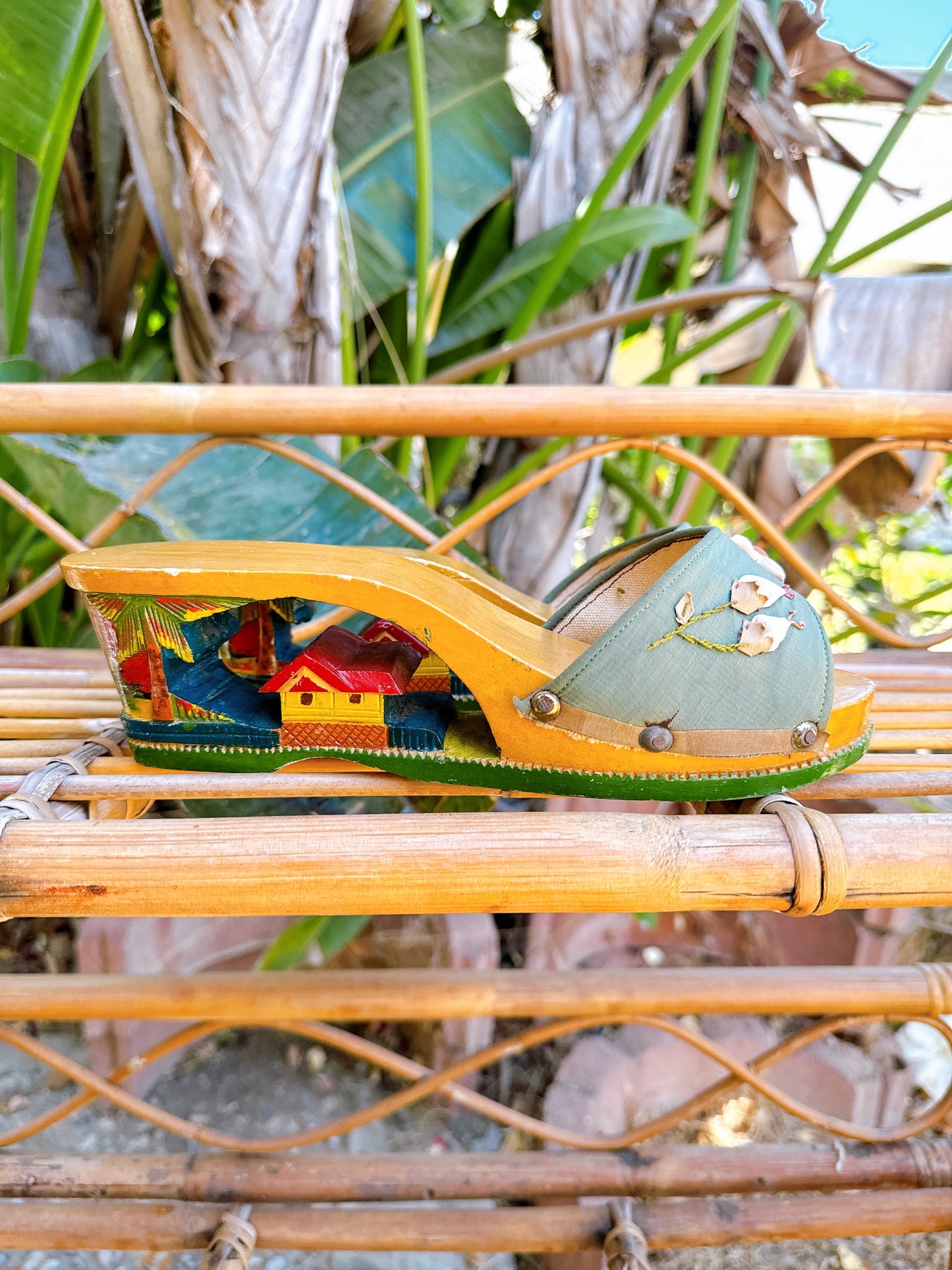 1940s WWII Hand Carved Wooden Wedge Sandals Made in Philippines