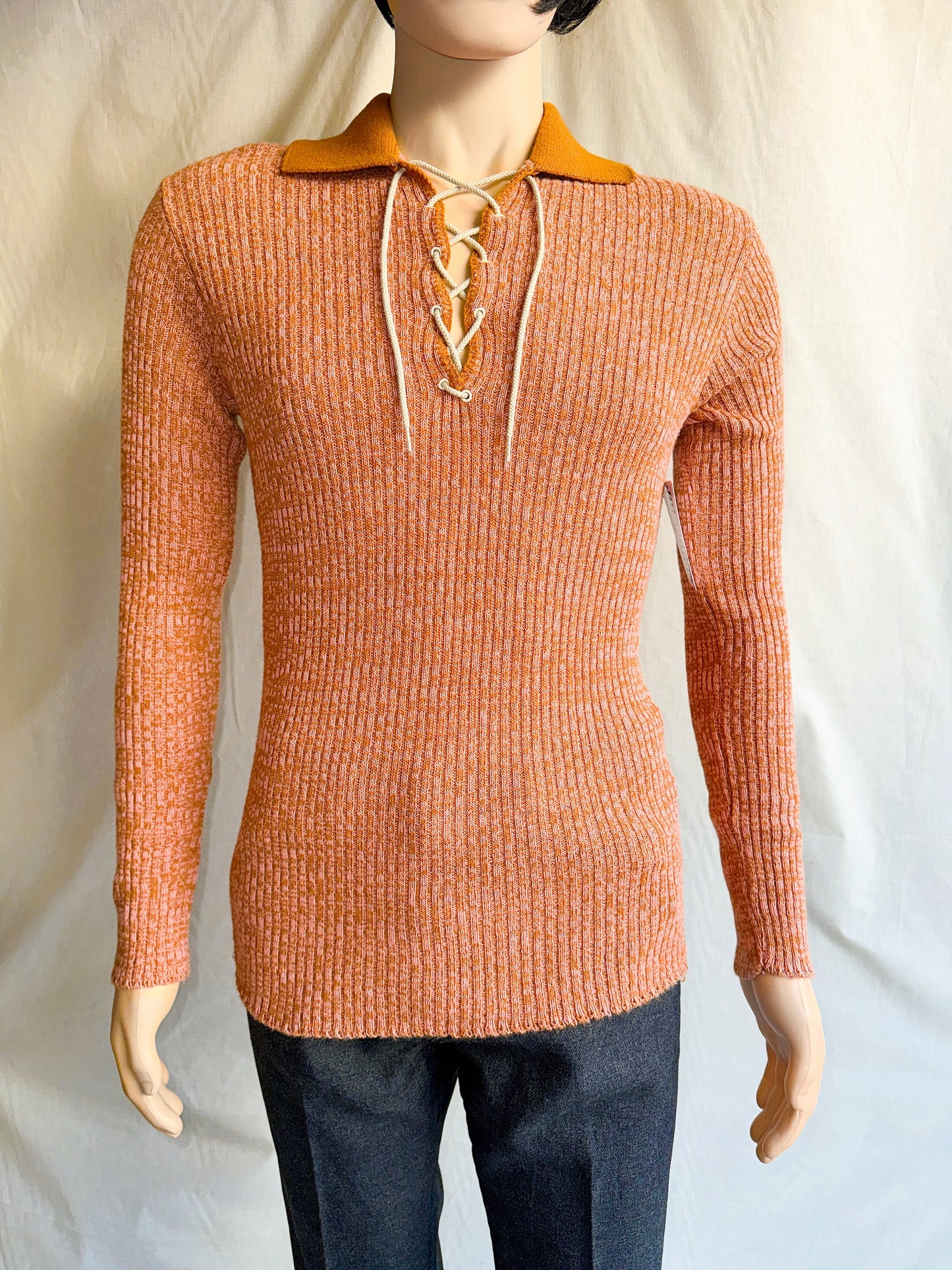1970s Peachy Orange Heather Tie-Up Pullover Knit Top