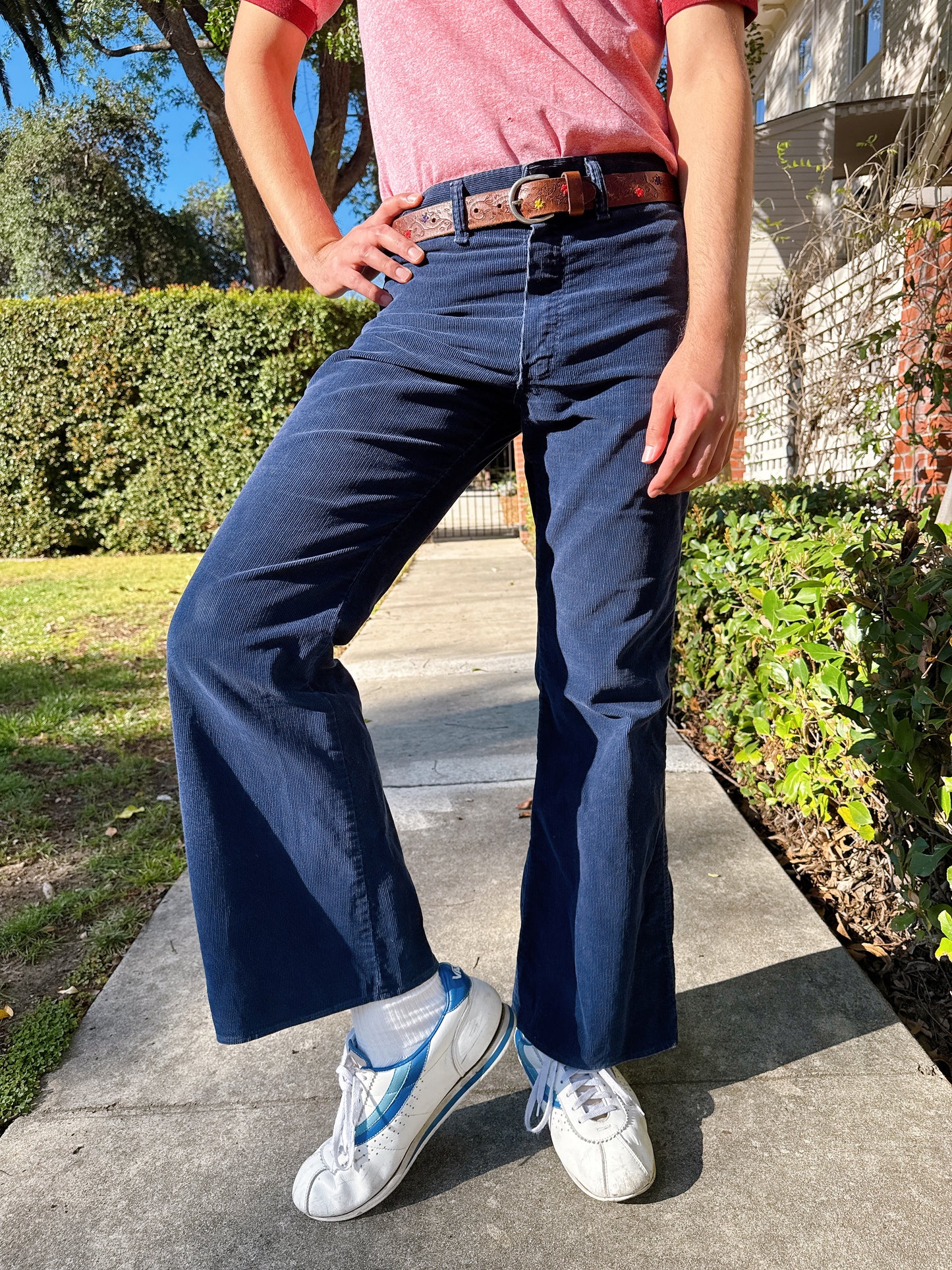 1970s Navy Corduroy Flared Pants w/ Embroidered Shooting Star Novelty Back Pocket Stitching by Sedgefield