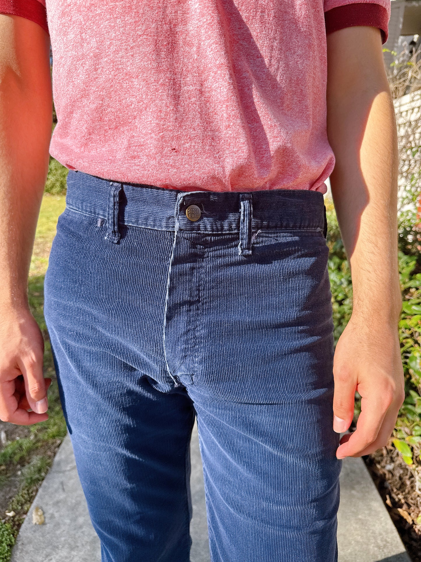 1970s Navy Corduroy Flared Pants w/ Embroidered Shooting Star Novelty Back Pocket Stitching by Sedgefield