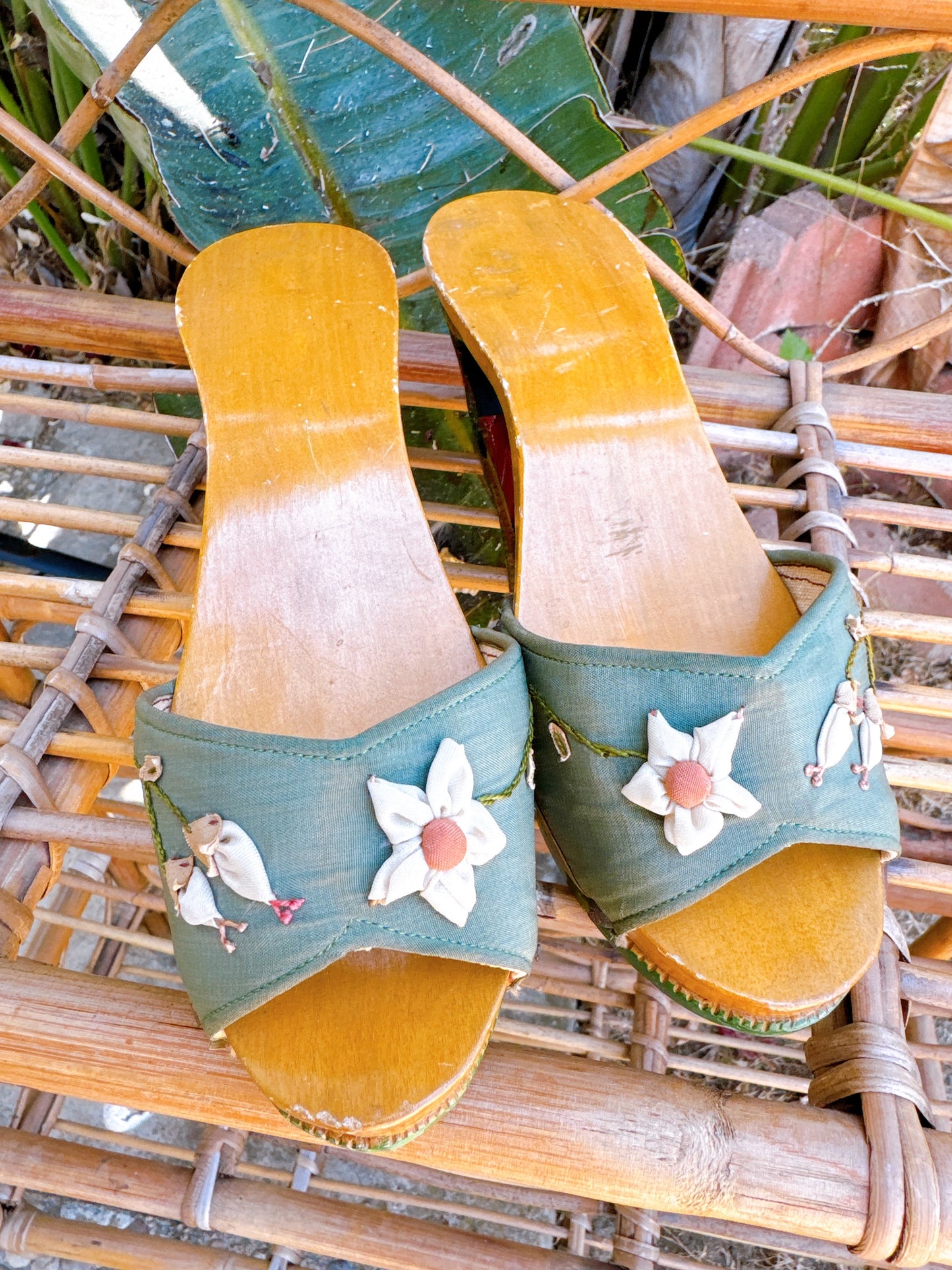 1940s WWII Hand Carved Wooden Wedge Sandals Made in Philippines
