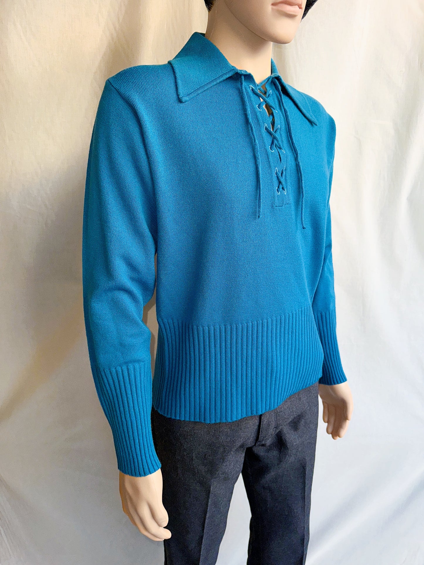 1970s Blue Dagger Collar Lace Up Acrylic Top