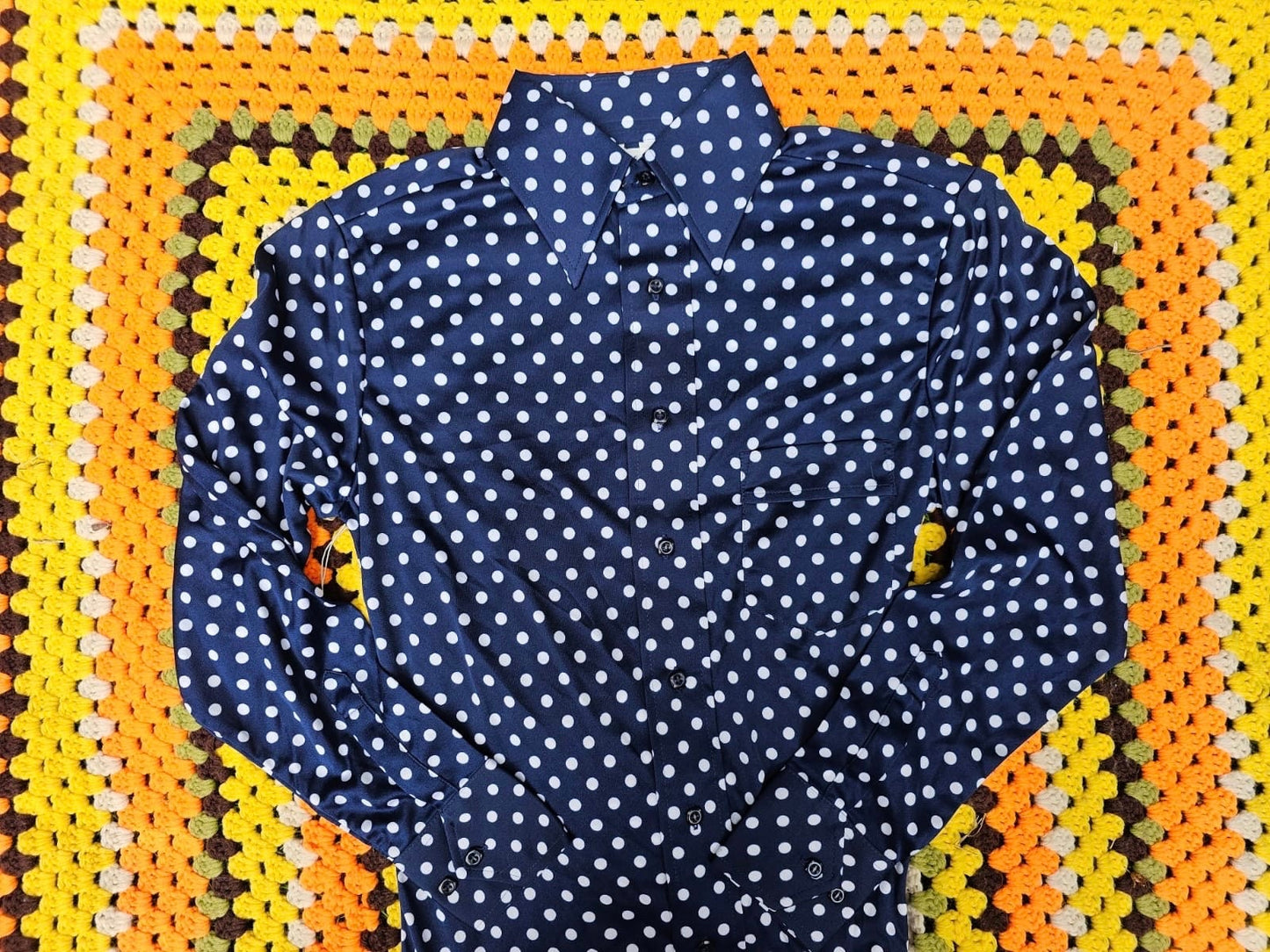1970s Deadstock Navy and White Polka Dot Polyester Shirt