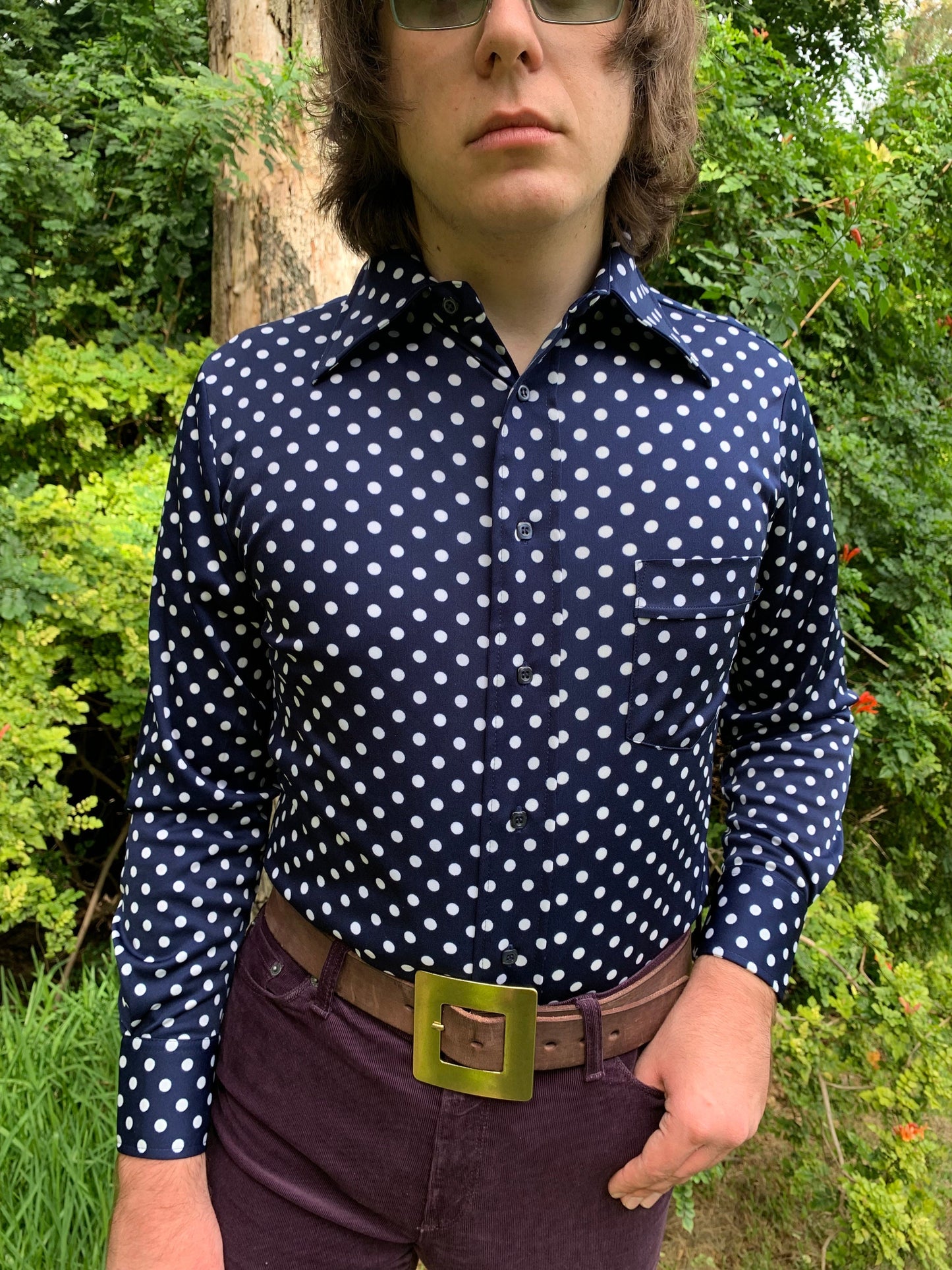 1970s Deadstock Navy and White Polka Dot Polyester Shirt