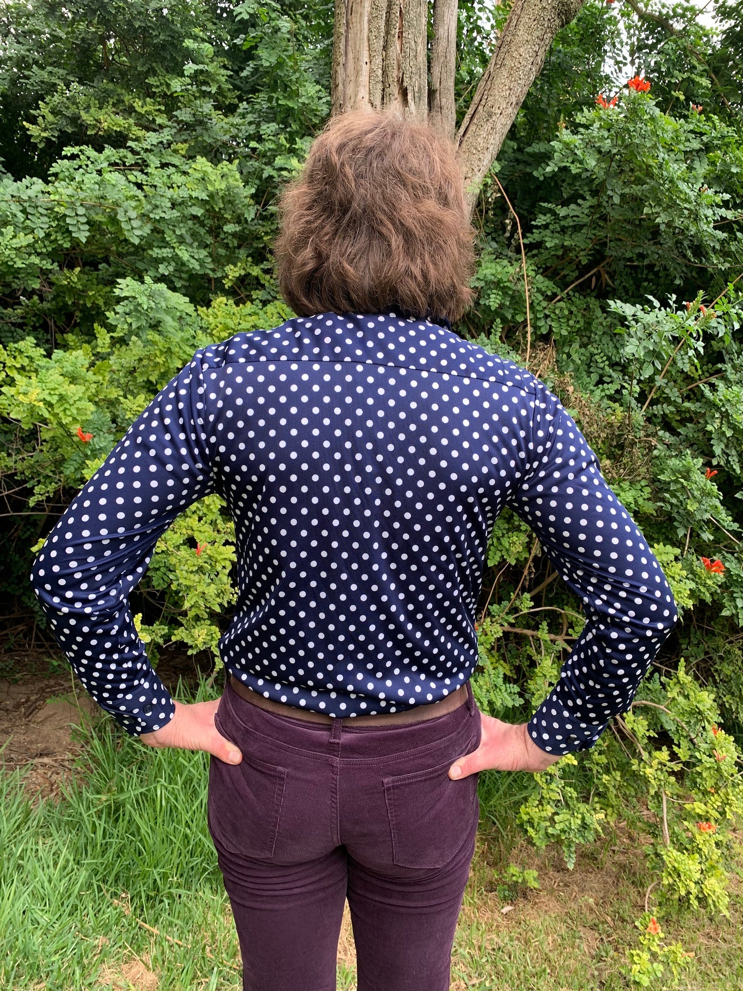 1970s Deadstock Navy and White Polka Dot Polyester Shirt