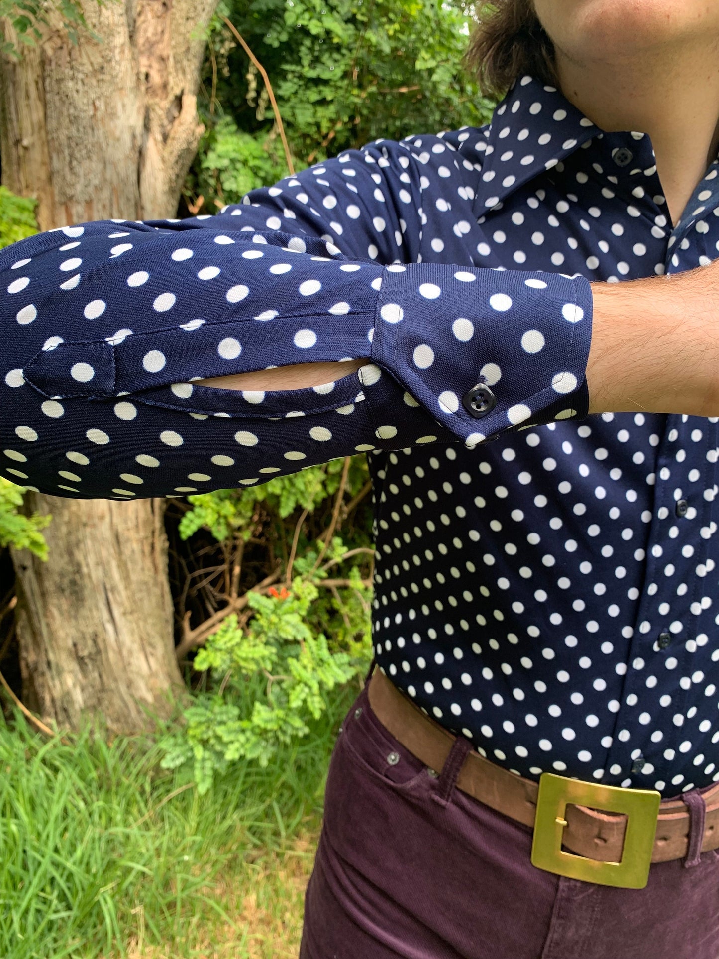 1970s Deadstock Navy and White Polka Dot Polyester Shirt