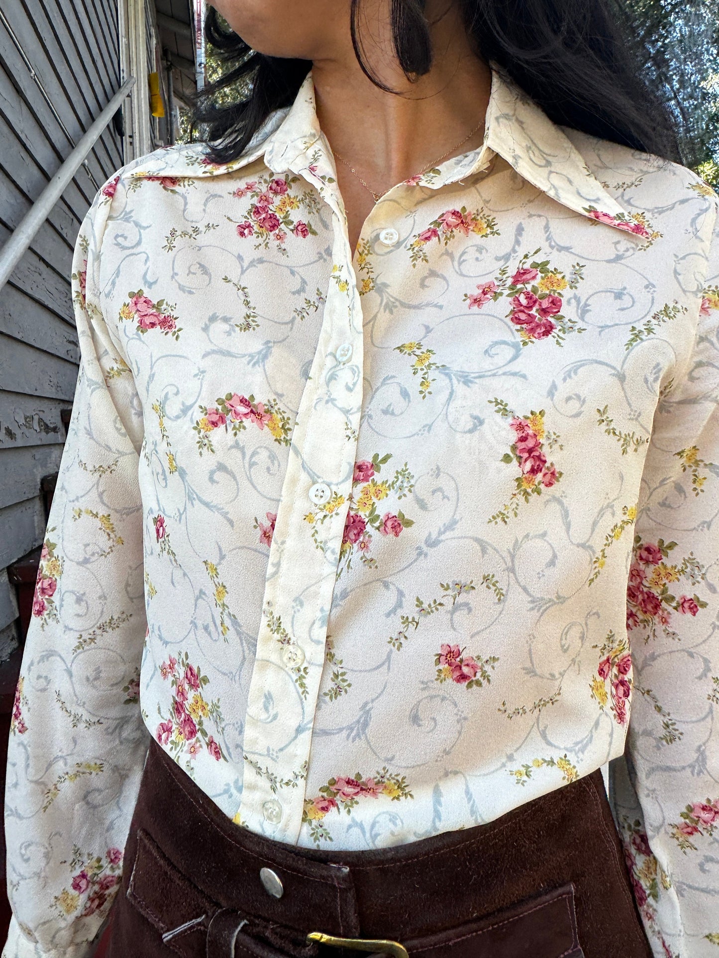 1970s French Floral Ivory Button Up Top