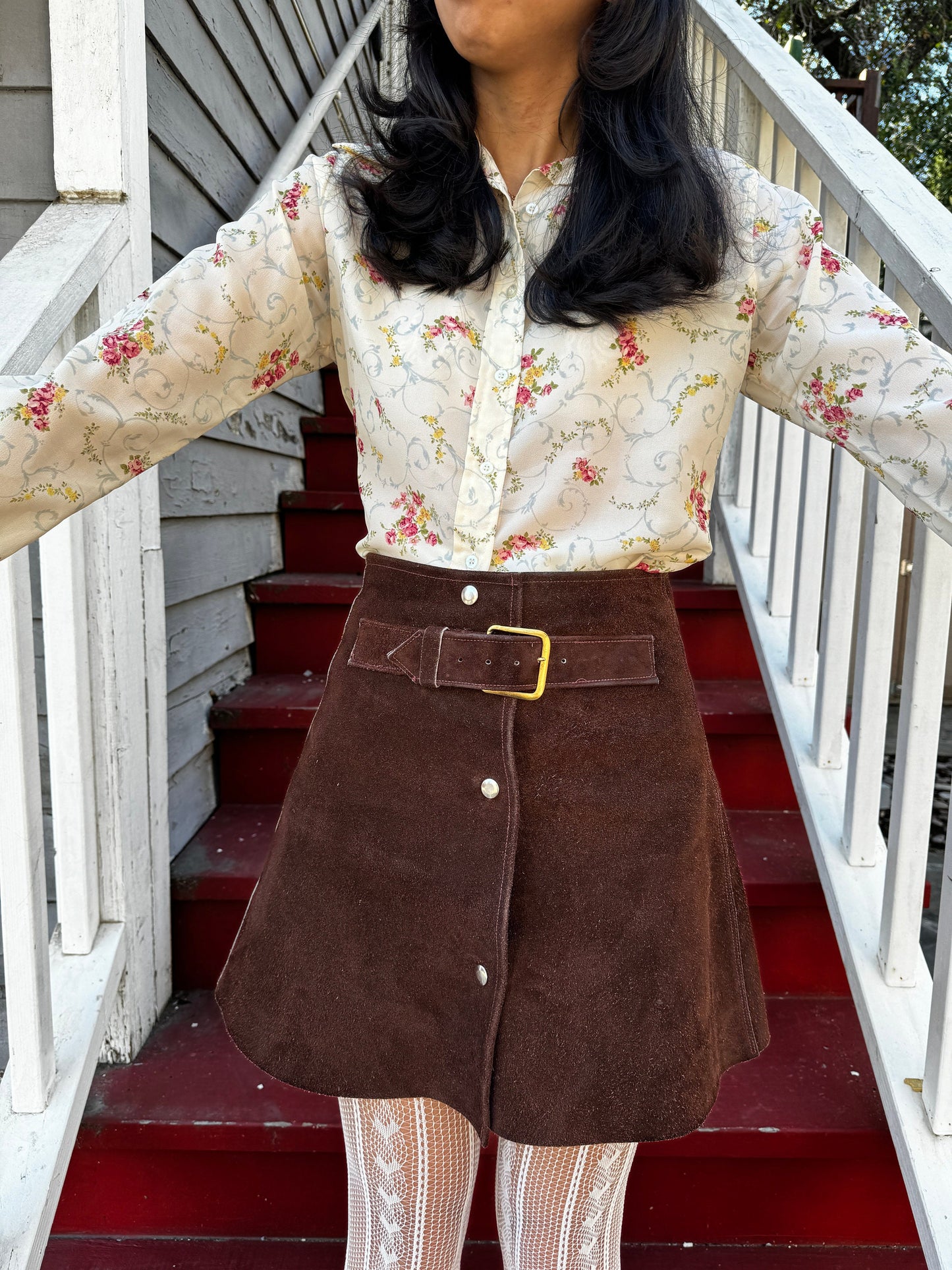 1970s French Floral Ivory Button Up Top