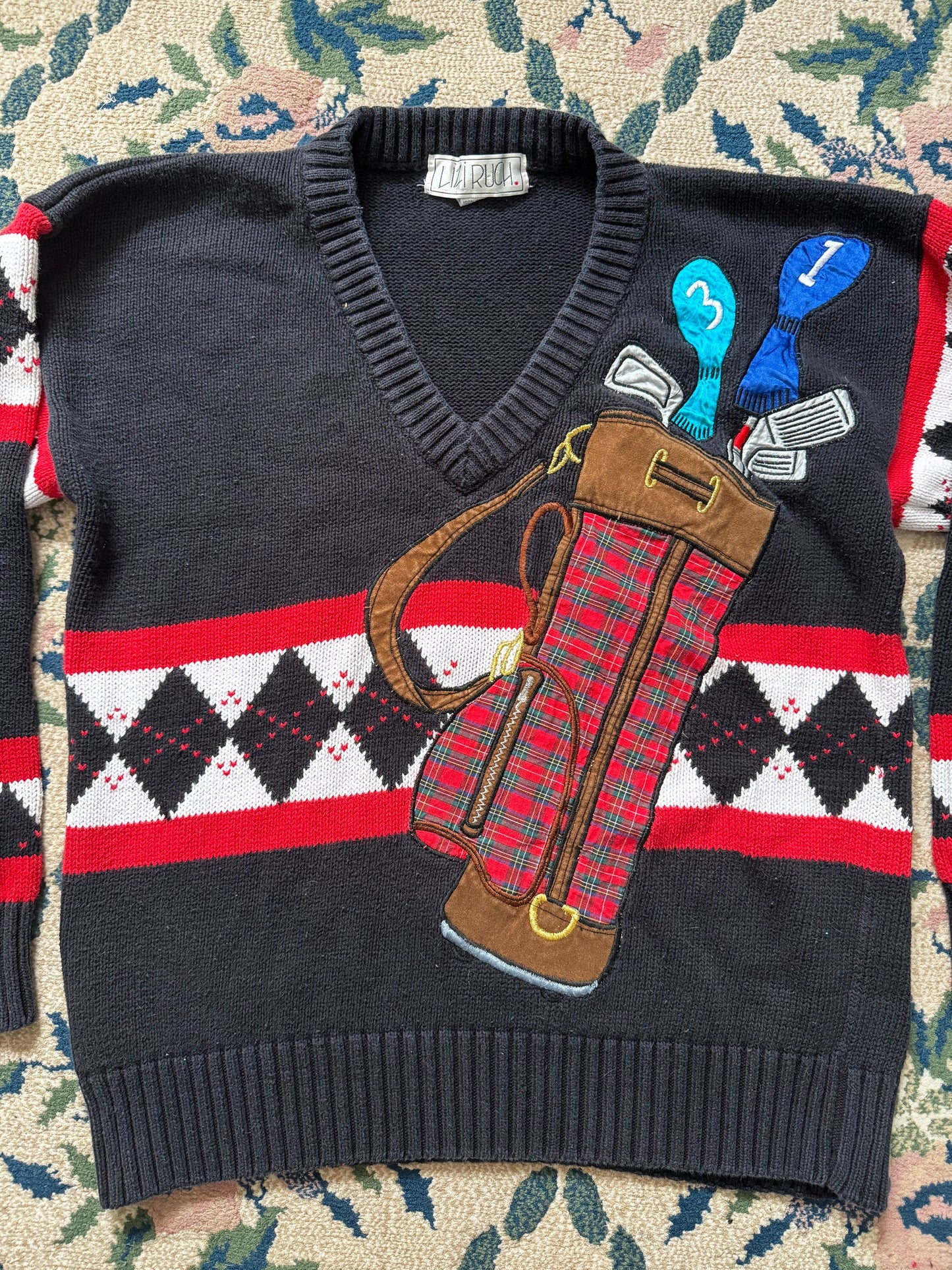 1990s Lizi Ruch Golf Caddy Argyle V-Neck Novelty Sweater