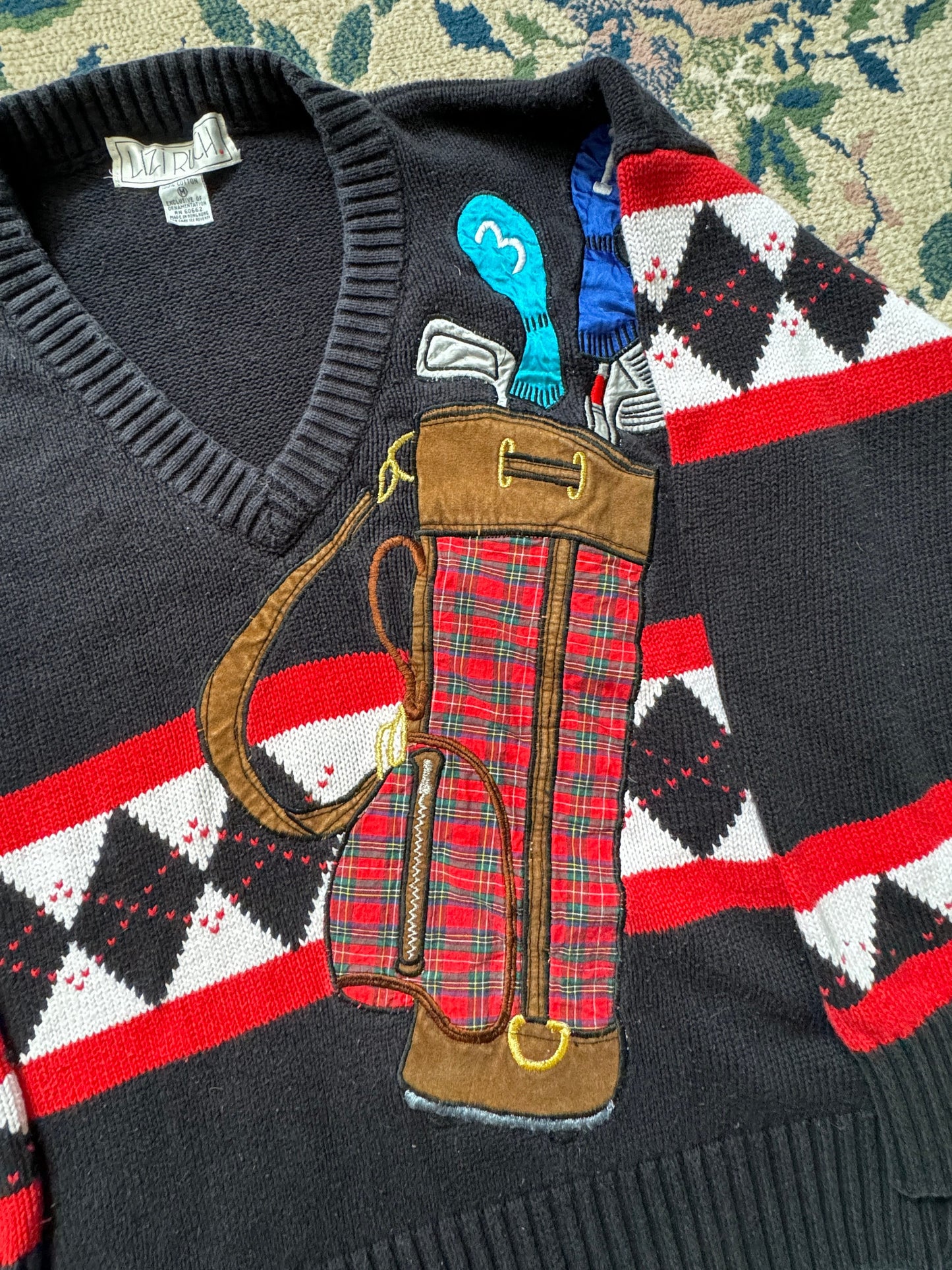 1990s Lizi Ruch Golf Caddy Argyle V-Neck Novelty Sweater