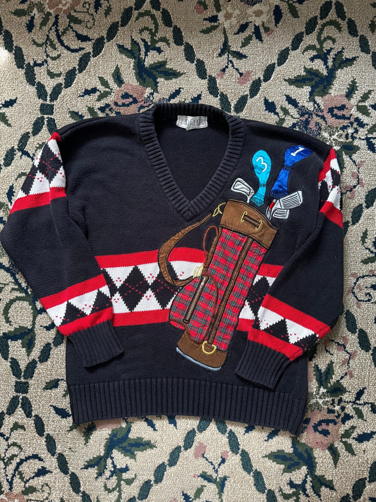 1990s Lizi Ruch Golf Caddy Argyle V-Neck Novelty Sweater