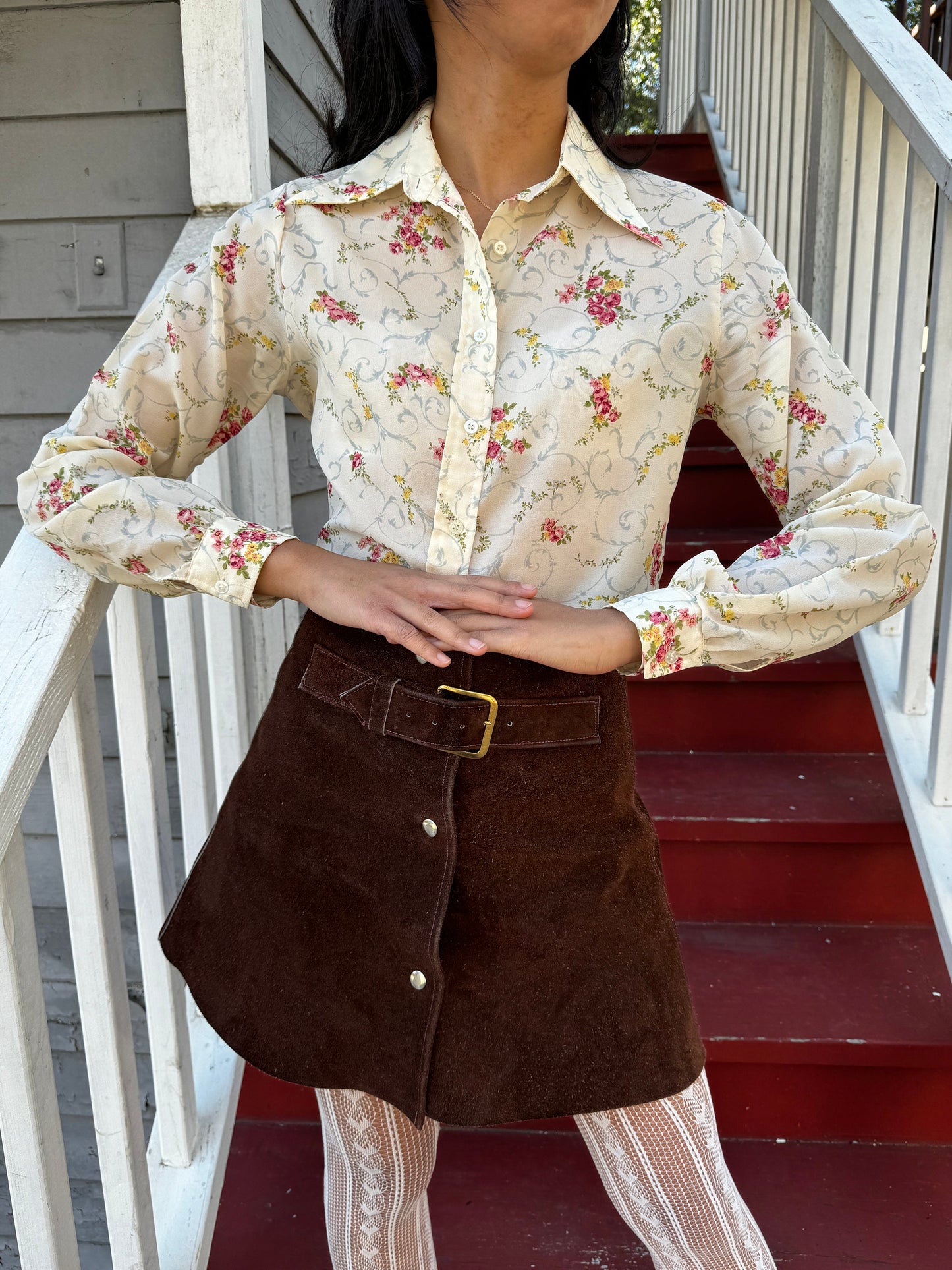 1970s French Floral Ivory Button Up Top