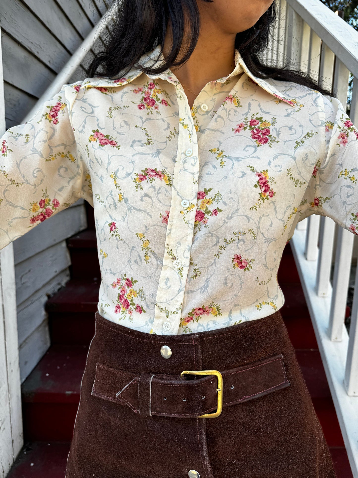 1970s French Floral Ivory Button Up Top