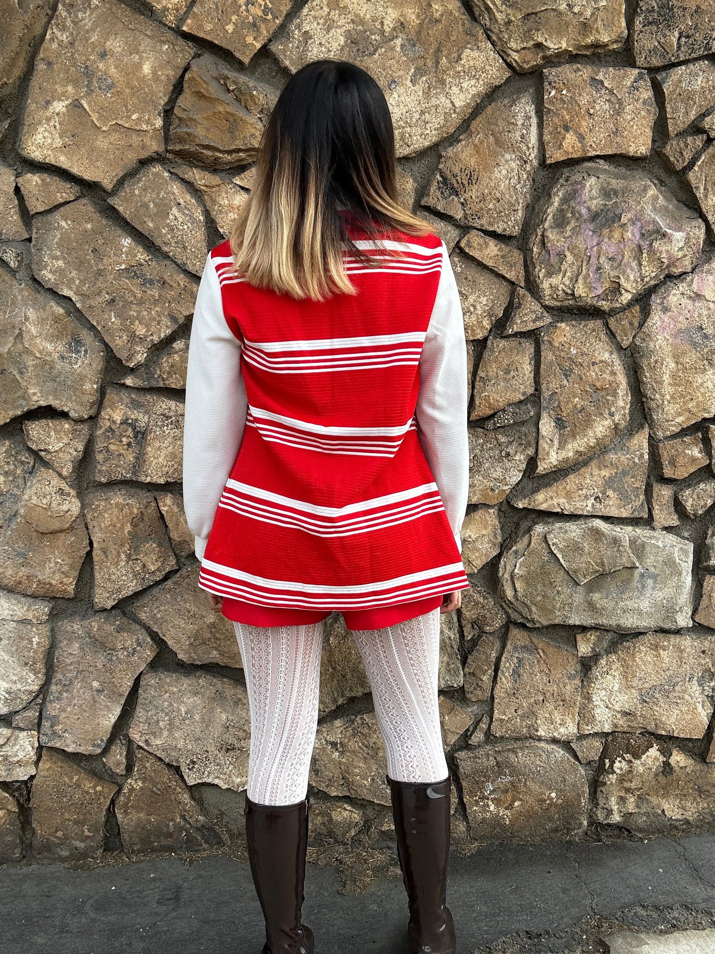 1970s Red and White Big Collar Striped Polyester Top