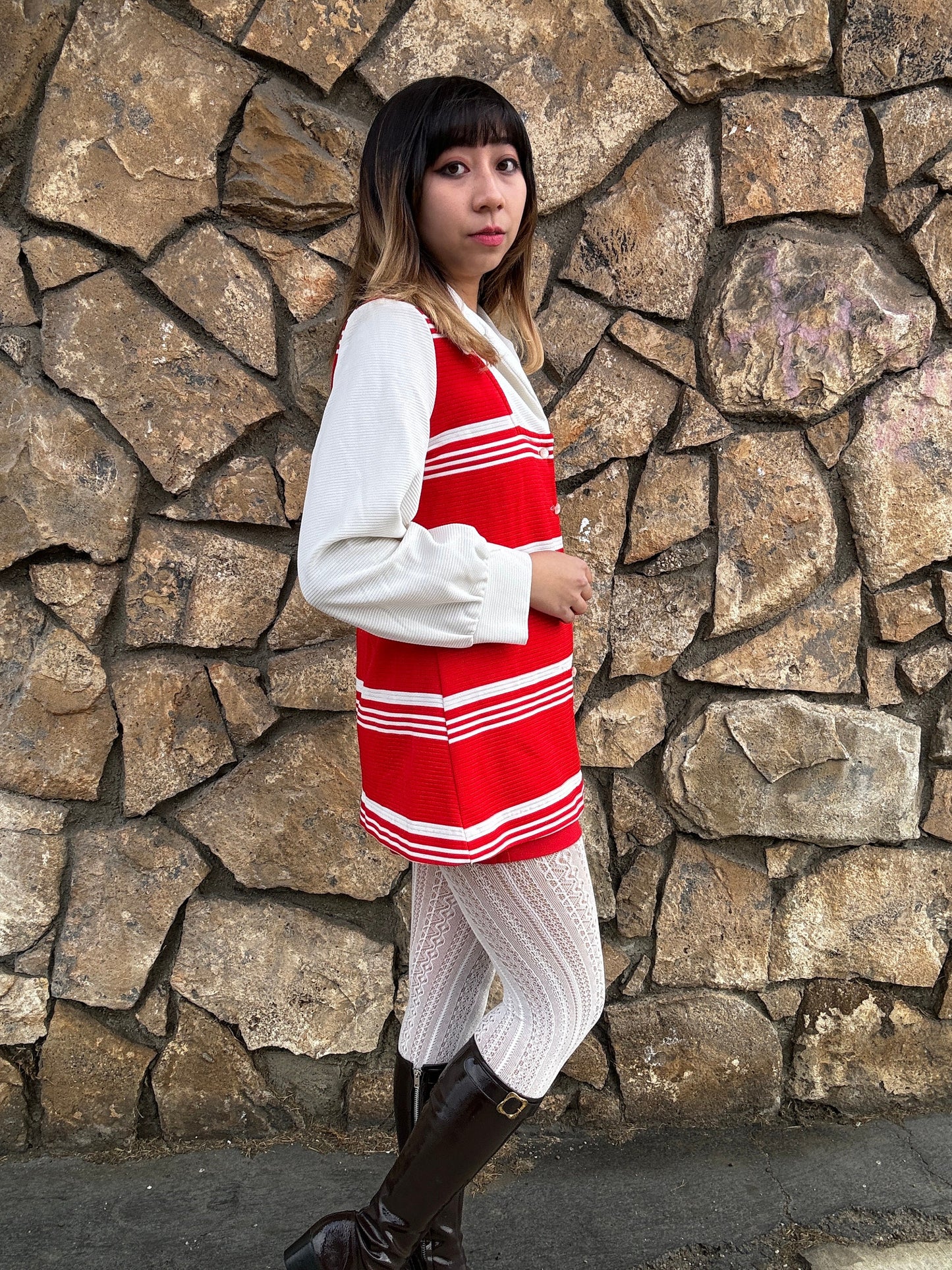 1970s Red and White Big Collar Striped Polyester Top