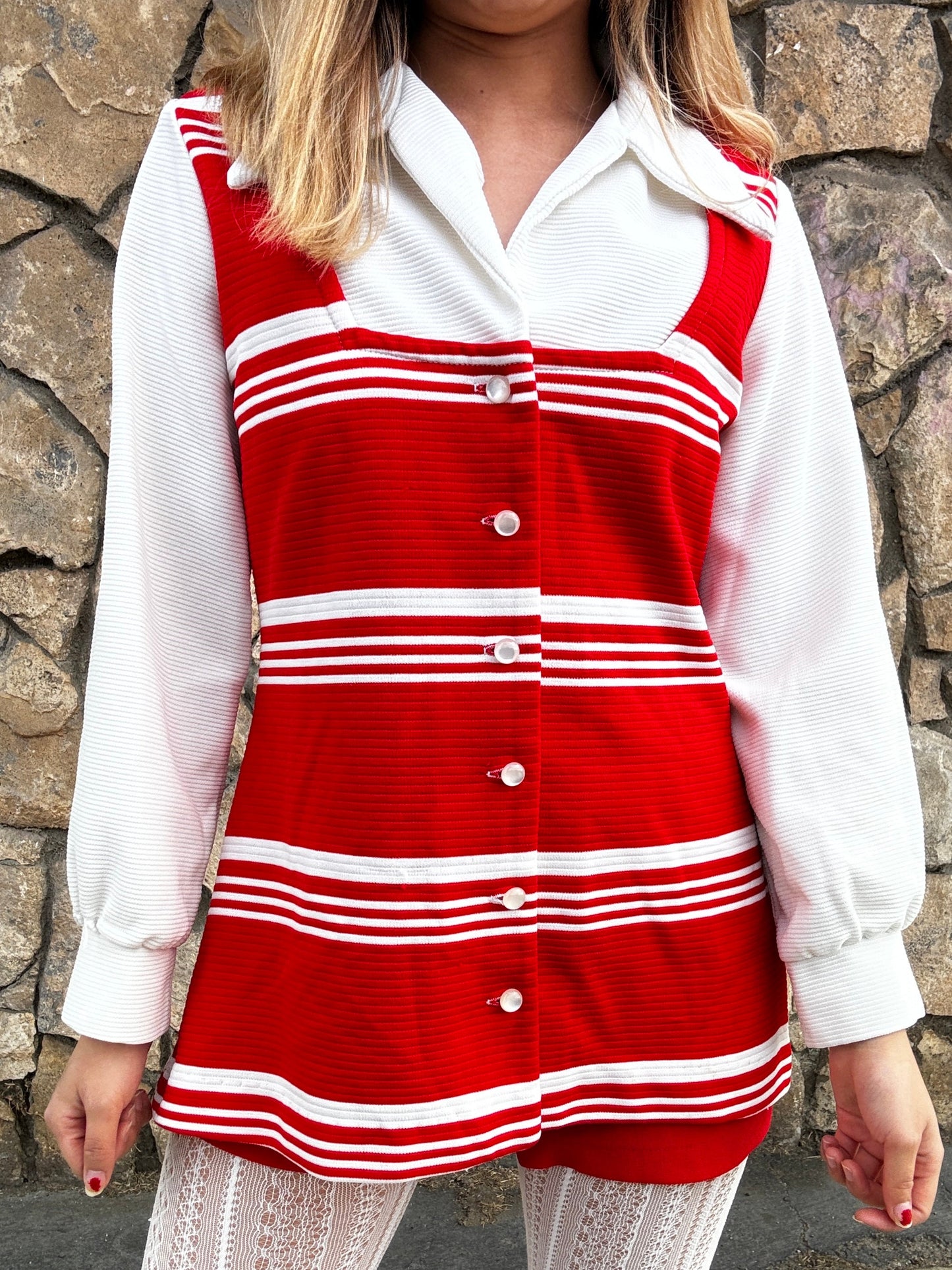 1970s Red and White Big Collar Striped Polyester Top